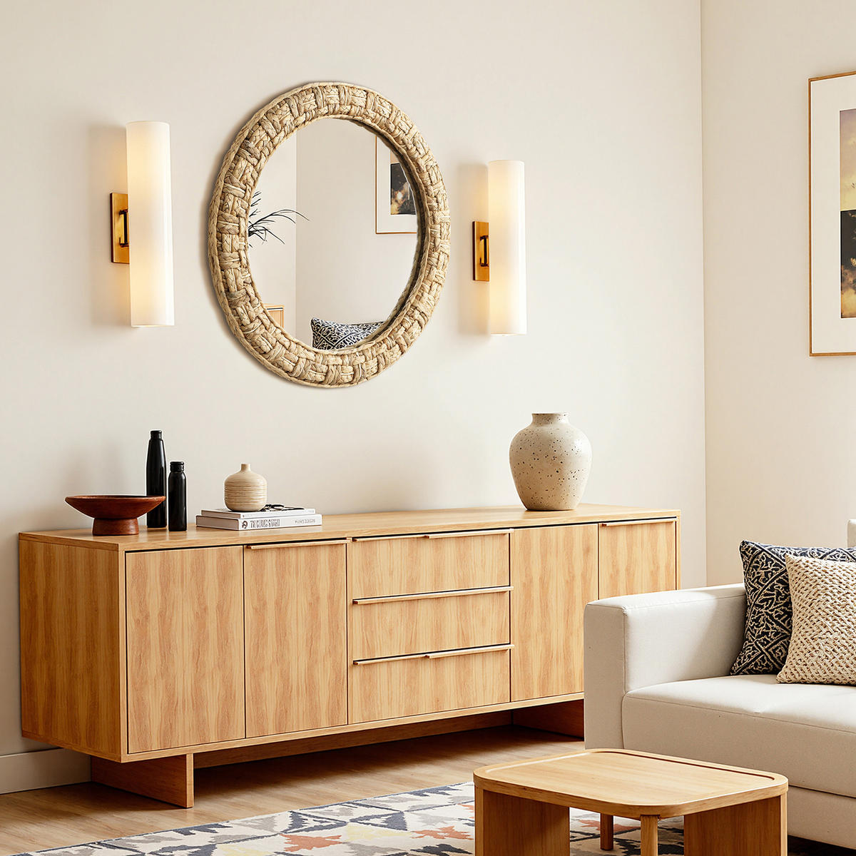 52CM H Runder Wandspiegel mit Rahmen aus geflochtener Wasserhyazinthe Geeignet für Badezimmer, Wohnzimmer und Schlafzimmer - Hellbraun/Beige, Glas/Holz (52/3.5/52cm) - Hometopia