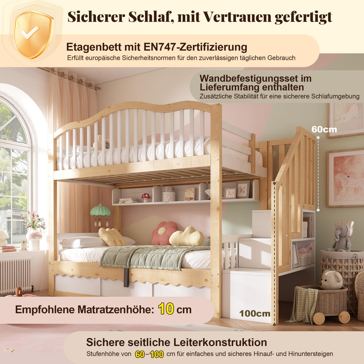 ETAGENBETT 90x200 cm Weiß Eiche mit Stauraum - Eichefarben/Weiß, Holz (90/200cm) - FLIEKS