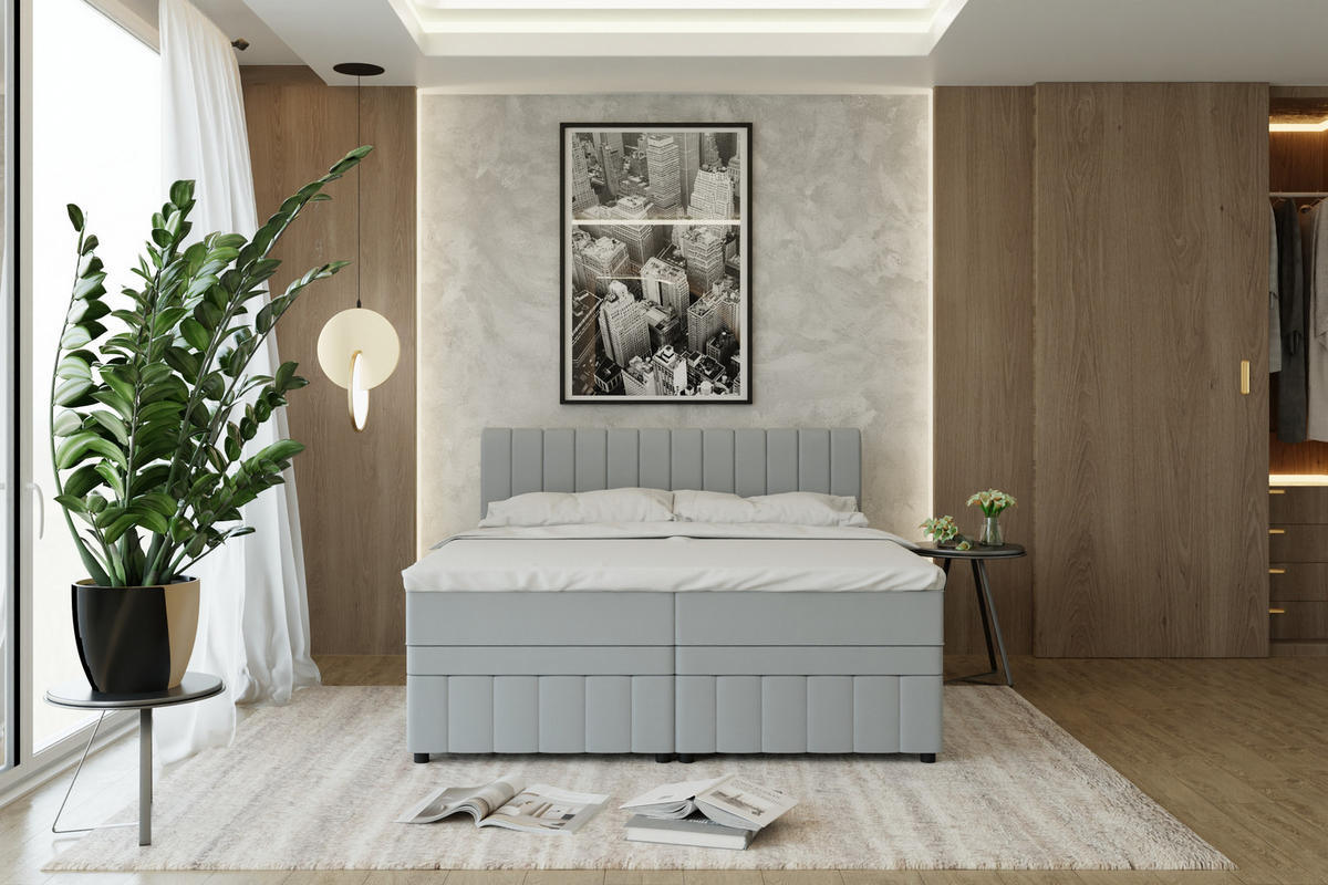 BOXBETT AVALON 180 x 200 cm mit Bettkasten und Topper - Hellgrau - Hellgrau, Holz - Panda Möbel