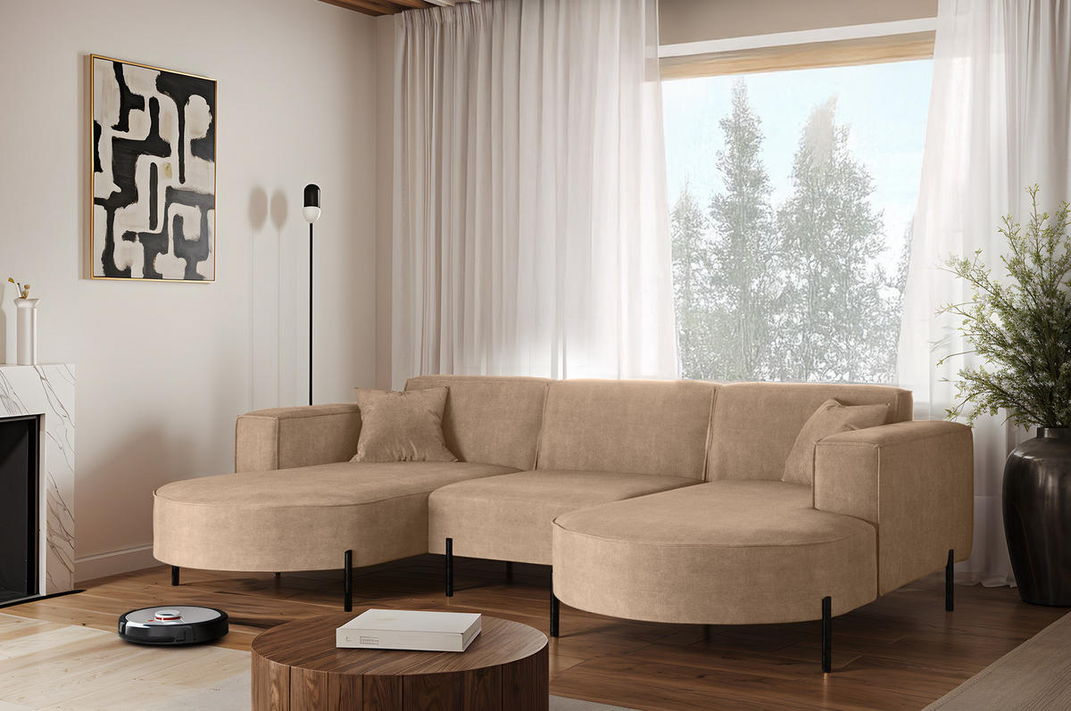 ECKSOFA U-Form Designer Modena Rein Stoff Noel KaltesBeige - Sandfarben, Holz (165/299cm) - Kaiser Möbel