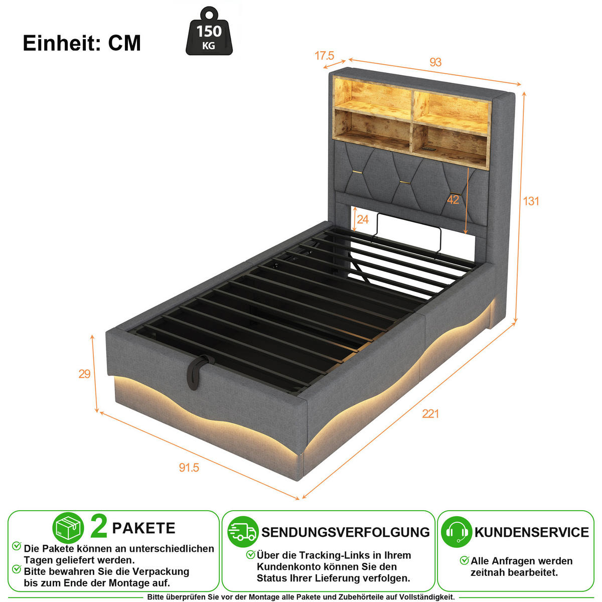 KINDERBETT 90/200 cm in Grau mit Stauraum, LED und USB - Grau, Holzwerkstoff/Textil (90/200cm) - CHICFURN