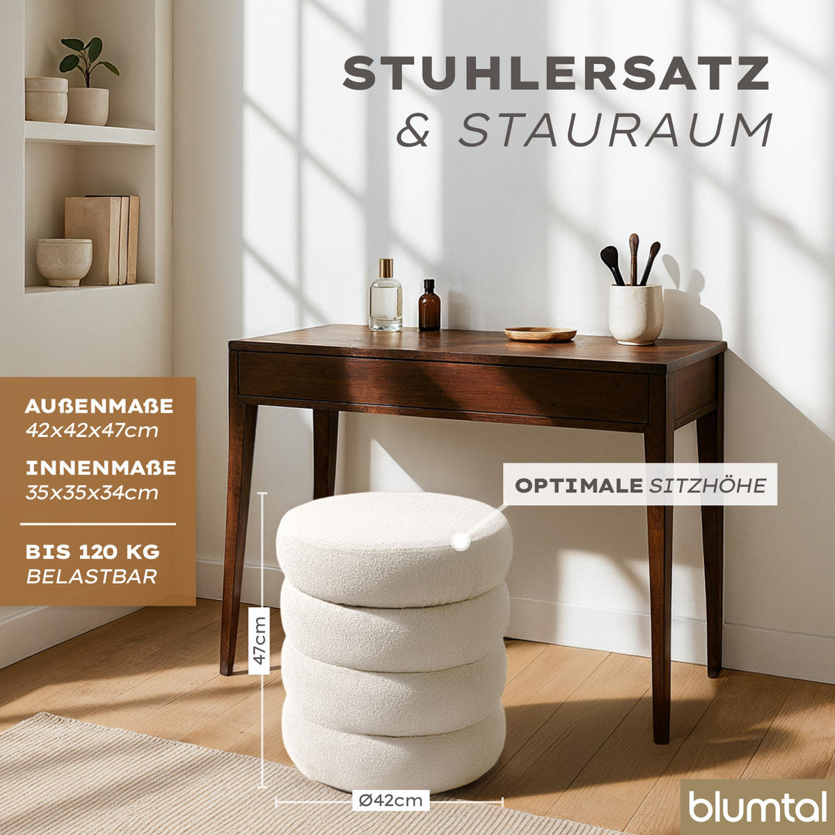 SITZHOCKER mit Stauraum Rund – Bouclé Pouf Creme (42x42x47 cm) - Beige, Textil (42/47/42cm) - Blumtal