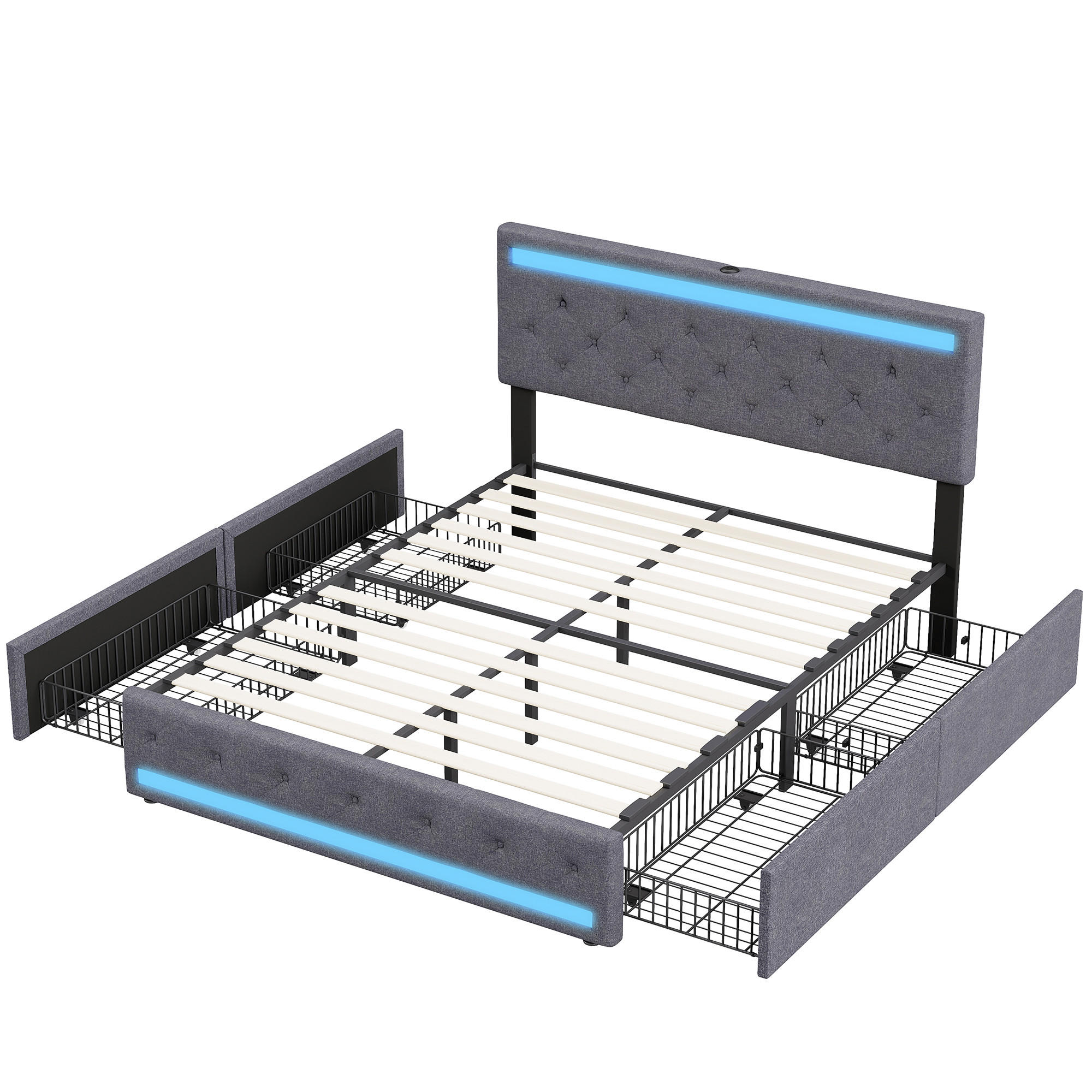 POLSTERBETT 140x200 cm, Grau, LED-Beleuchtung und USB-Steckdose - Grau, Textil/Metall (140/200cm)