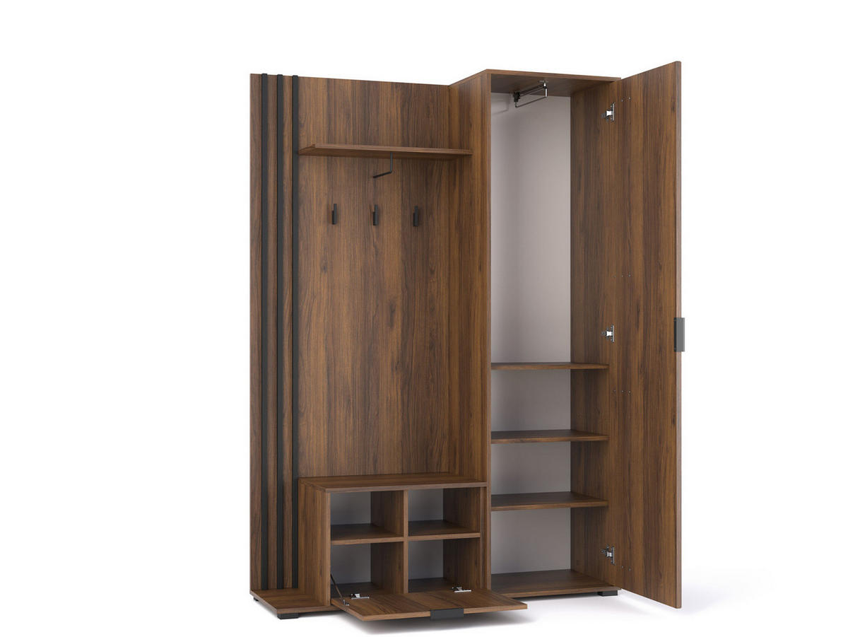 GARDEROBE STILO 131 cm (Nussbaum, Schwarze Lamellen, Spiegel, Metallgriffe) - Walnussfarben/Schwarz, Holz/Holzwerkstoff (131/192/40cm) - Ravio