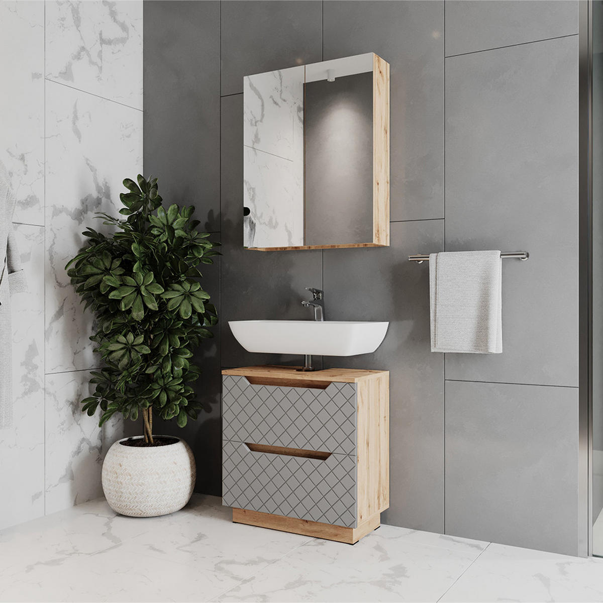 BADMÖBEL-SET Lotta Eiche/Grau mit Kachelstruktur 2 Teile - Grau, Holzwerkstoff (59.8/62.5/32cm) - Vicco