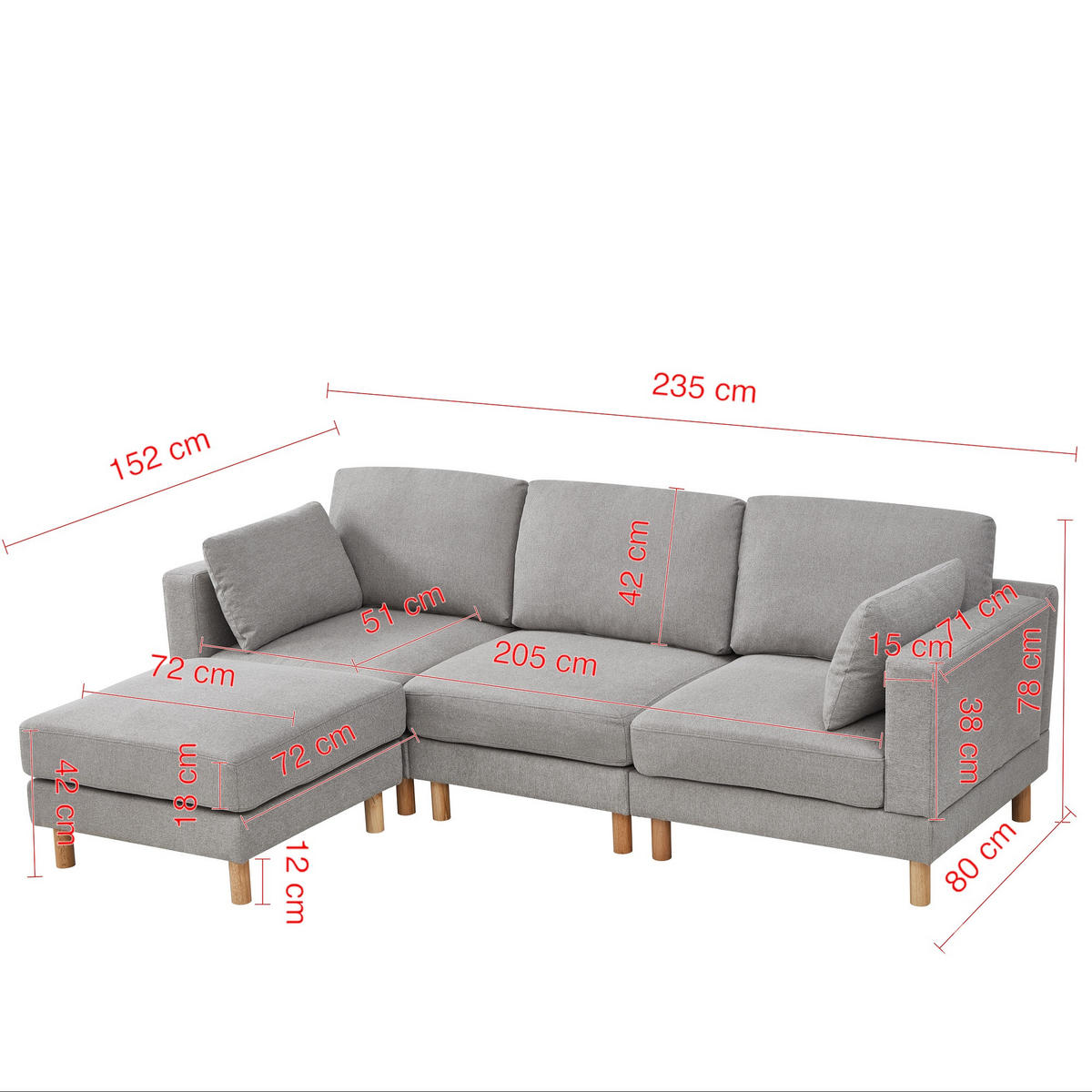 ECKSOFA 235/152/78 cm Grau mit Fußbank, 3-Sitzer - Hellgrau/Grau, Holz/Textil (235/152cm) - Oxeza
