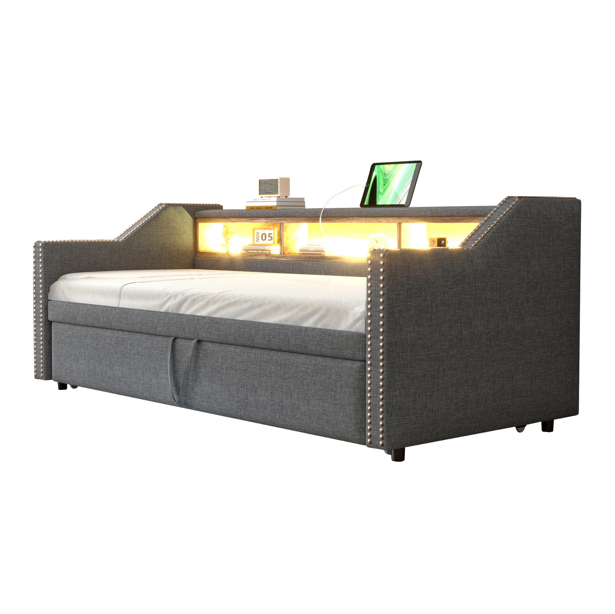 Modfu ČALOUNĚNÉ rozkládací pohovkové lůžko z jutové tkaniny 90/180x190 cm tmavě šedé s LED osvětlením, USB a úložnými přihrádkami