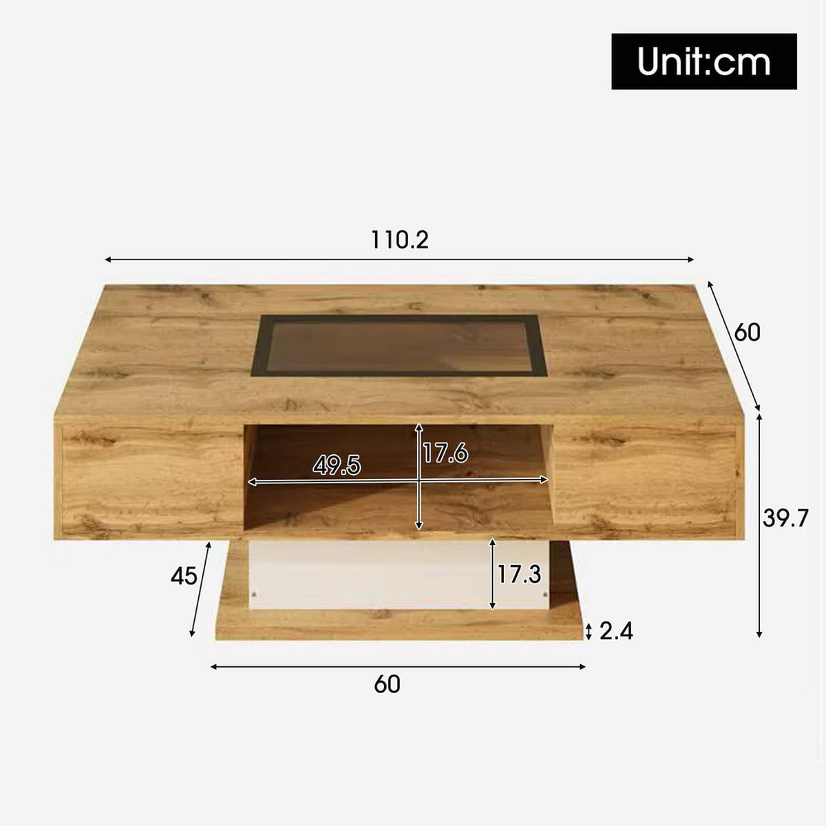 COUCHTISCH LED Farbwechsel Glas 2 Schubladen Beistelltisch Modern - Braun, Holz (126.36/69.85/14.6cm) - FLIEKS