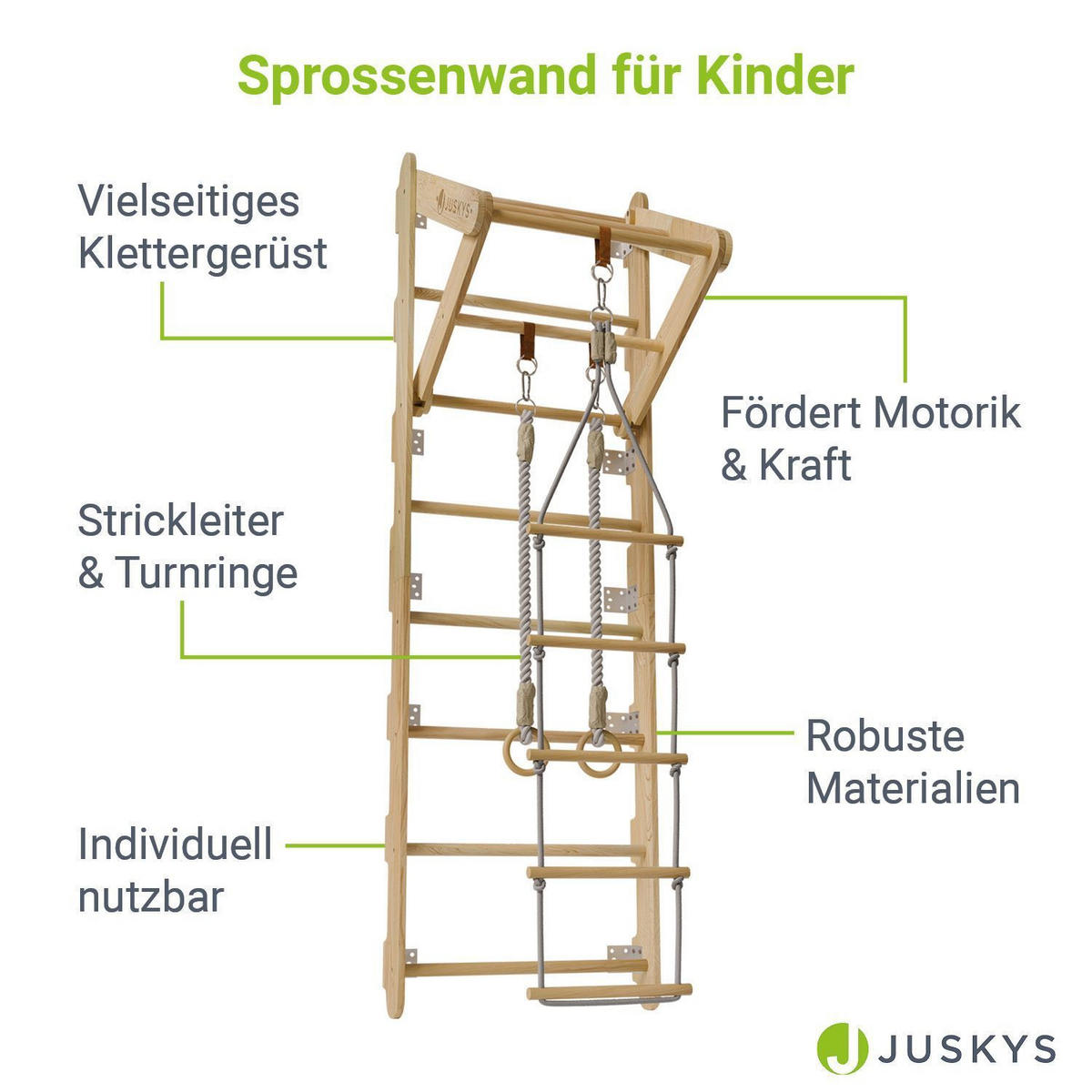 SPROSSENWAND für Kinder mit Turnringen - Naturfarben, Holz (62/57cm) - Juskys