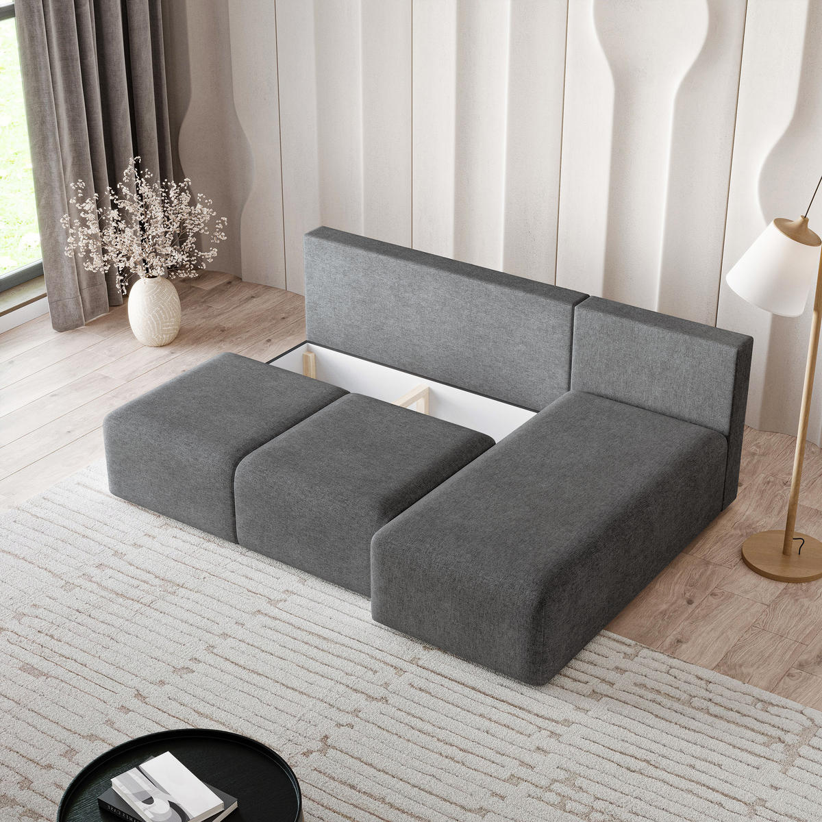 ECKSOFA TRAMA Grau Geflochtener Stoff mit Schlaffunktion - Grau, Holz (200/143cm) - MASSENO