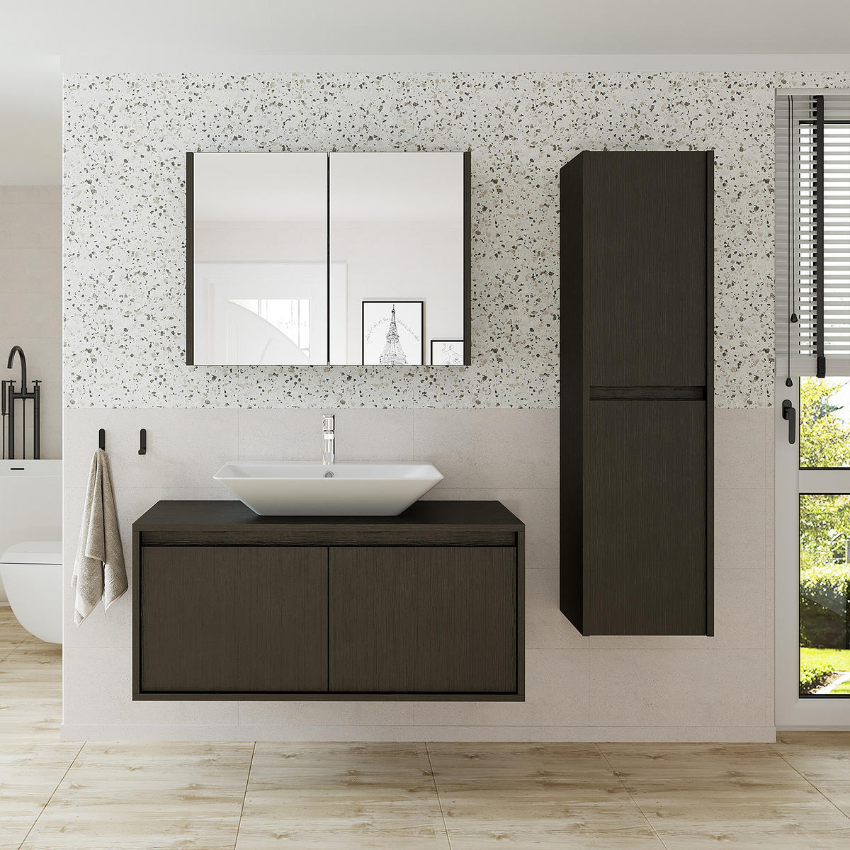 BADMÖBEL Set ATLANTIC-100 4-teilig - Schwarz, Holzwerkstoff (100/150/45cm) - Roomart