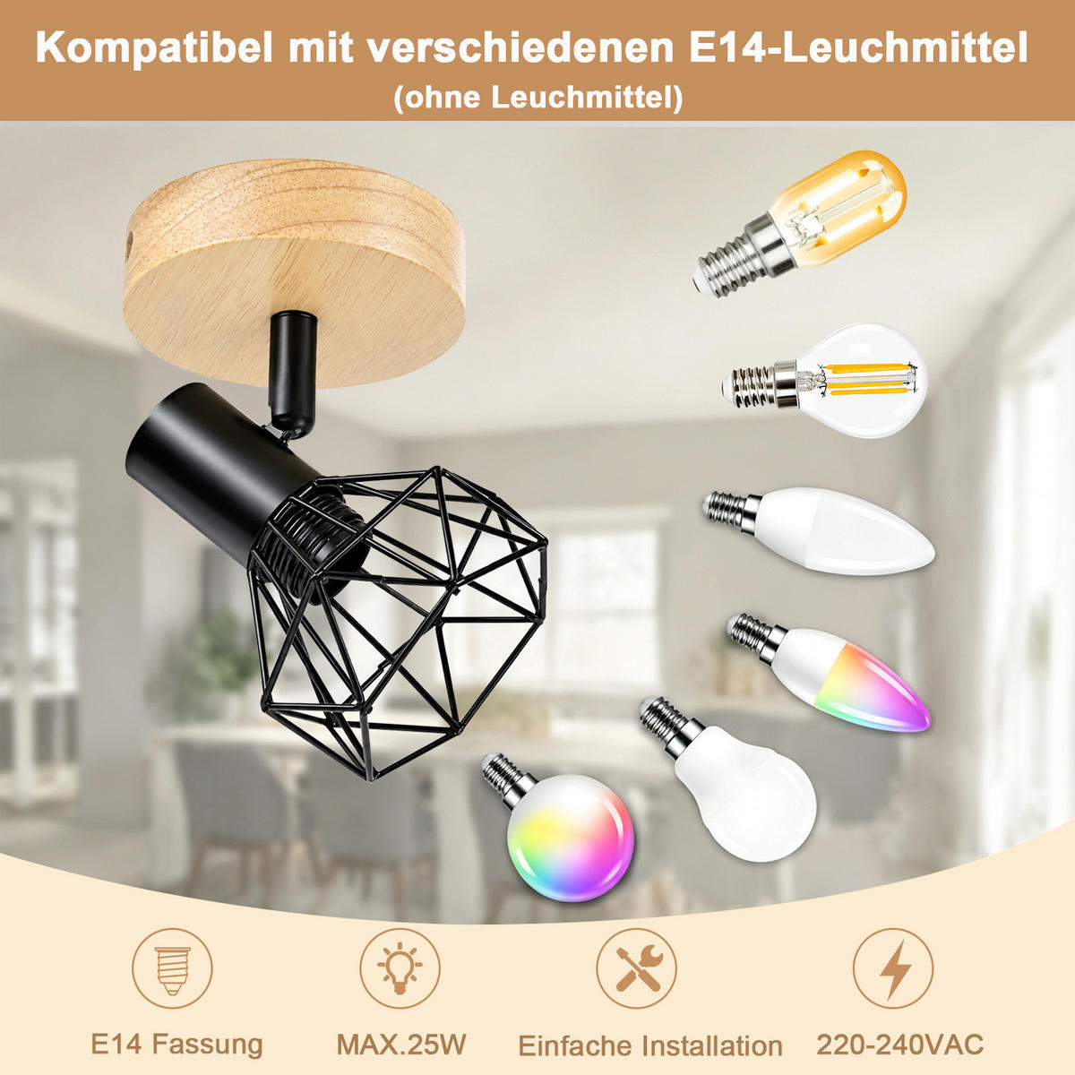 DECKENSTRAHLER Cynthveth 11.5/9.2/12.8 cm - Schwarz/Braun, Holz/Metall (11.5/9.2/12.8cm) - ZMH