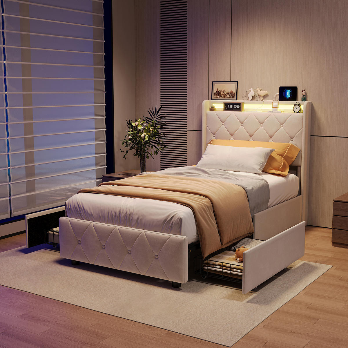 POLSTERBETT 90x200 cm mit 2 Schubladen, LED, USB & Type-C, Einzelbett Kopfteil und Lattenrost, Beige - Beige, Metall (90/200cm) - EuroLiving