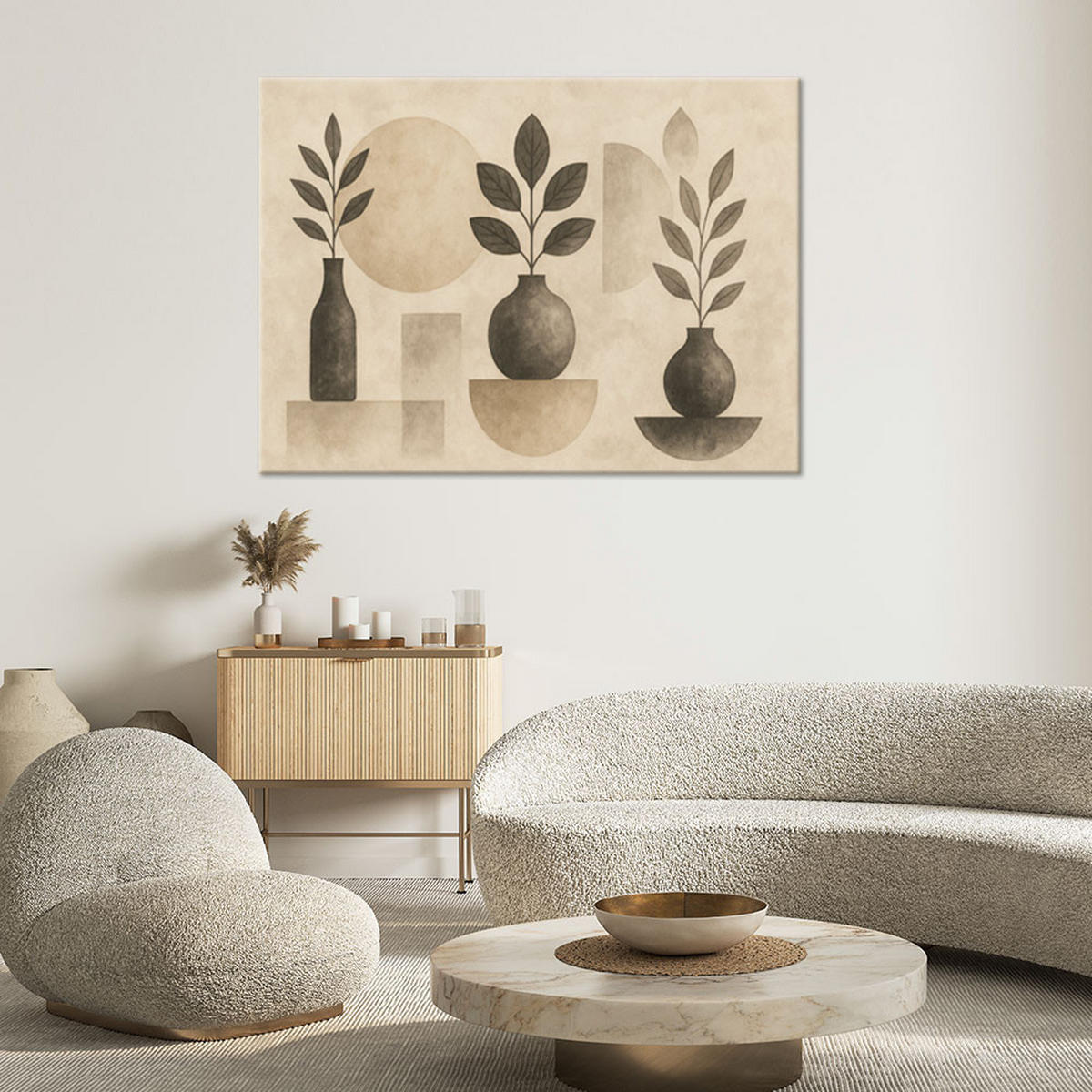 LEINWANDBILD Vasen Blätter Abstraktion Beige Minimalismus 60x40cm - Beige, Textil (60/40cm) - Feeby