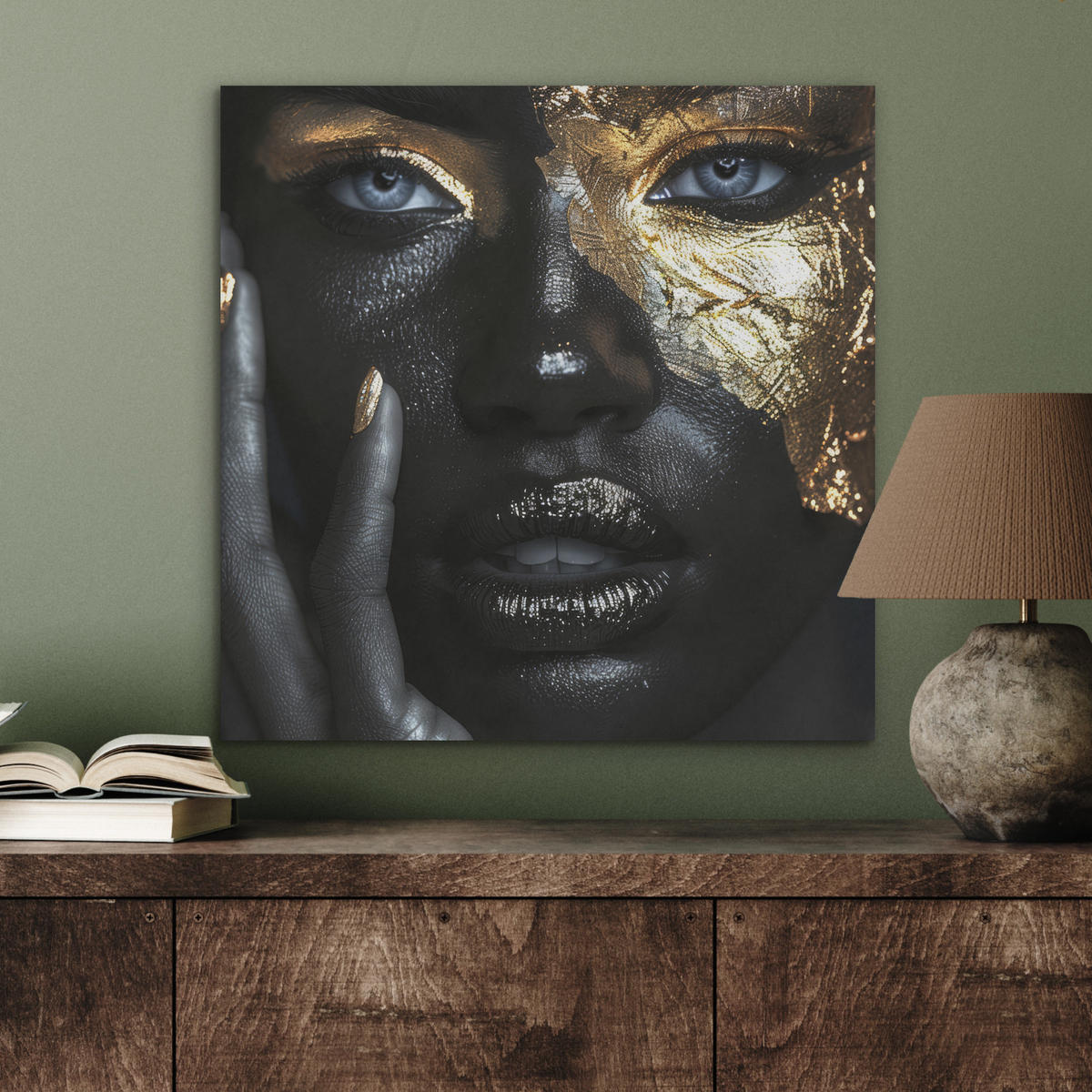 AKUSTIKBILD Frau - Gold - Porträt - Schwarz-Weiß - Luxus Wandbilder 60x60 cm - Hellblau, Kunststoff (60/60/0.9cm) - MuchoWow