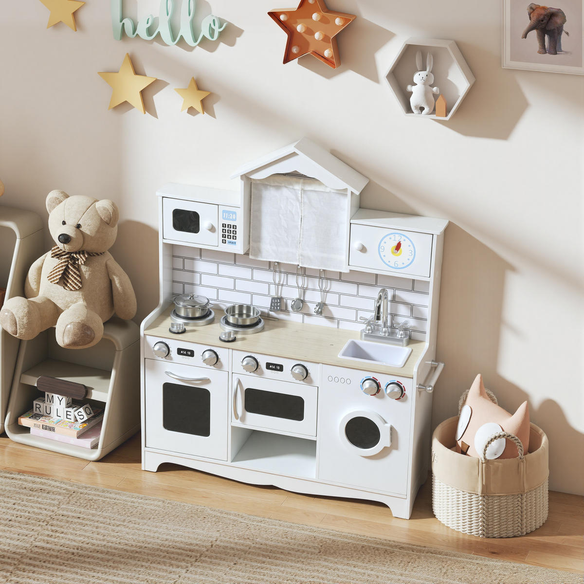 KINDERKÜCHE Spielküche mit Ofen Spüle Soundfunktion und Zubehör Spielzeugküche - Weiß, Holzwerkstoff (24/79.5cm) - AIYAPLAY