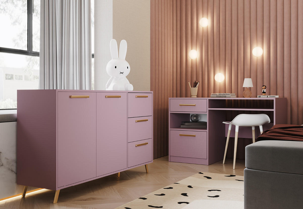KOMMODE Nancy mit 3 Schubladen und 2 Türen, Sideboard in Farbe: Rosa, Schrank in Größe: 140 x 86 x 41 cm - Rosa, Holzwerkstoff (140/86/41cm) - Agmat-Furniture