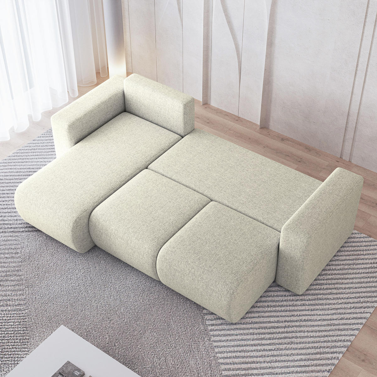 ECKSOFA RINOVA Creme Geflochtener Stoff mit Schlaffunktion - Creme, Holz (250/143cm) - MASSENO