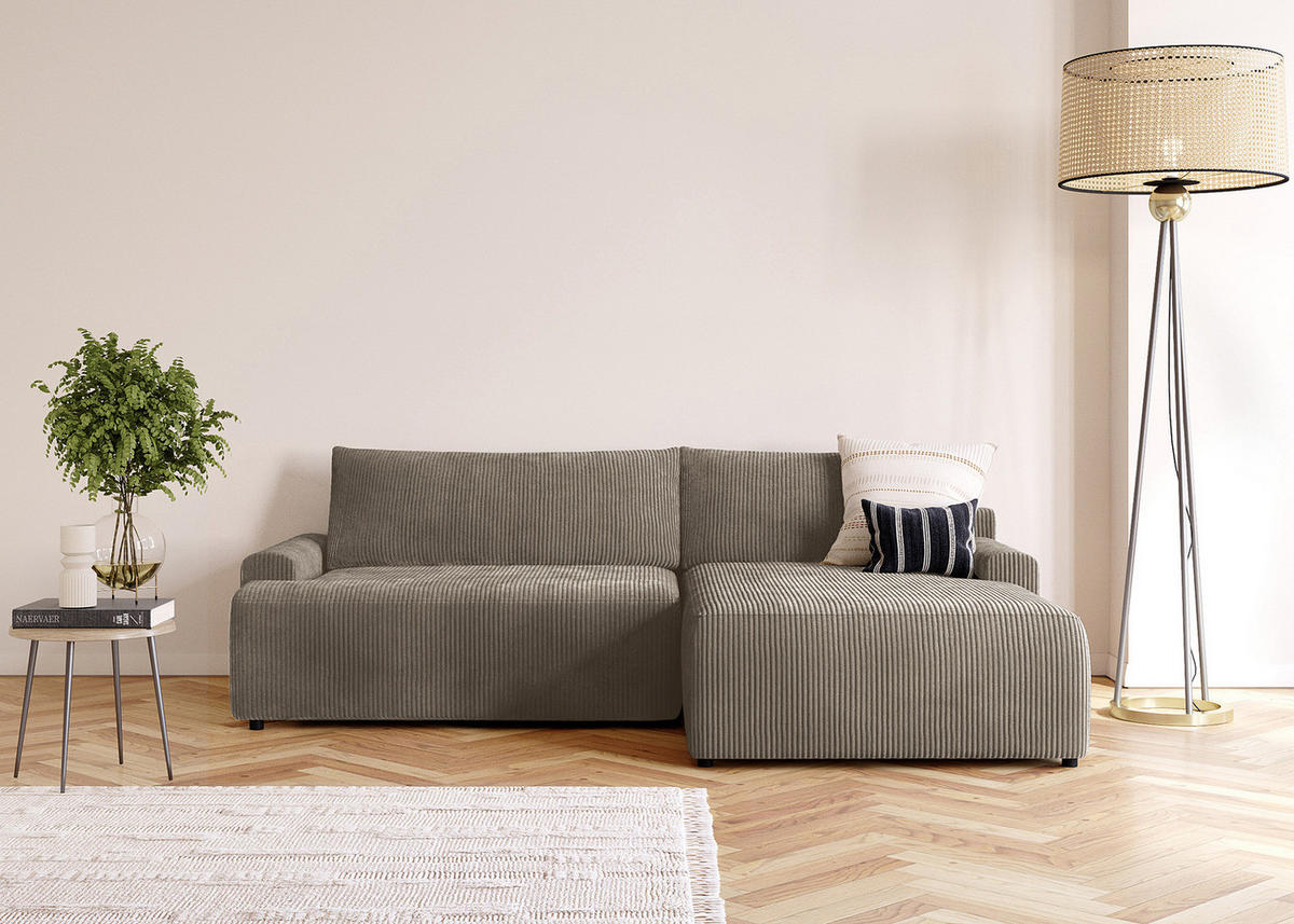 ECKSOFA mit Schlaffunktion - Longchair - Hellgrau/Schwarz, Kunststoff/Textil (253/167cm) - home24