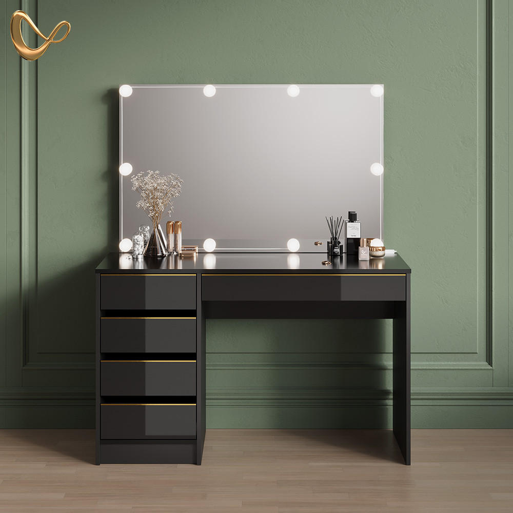 SCHMINKTISCH-SET Imola Schwarz/Gold 120 cm mit LED Beleuchtung - Goldfarben/Schwarz, Holzwerkstoff (120/75/55cm) - Livinity®