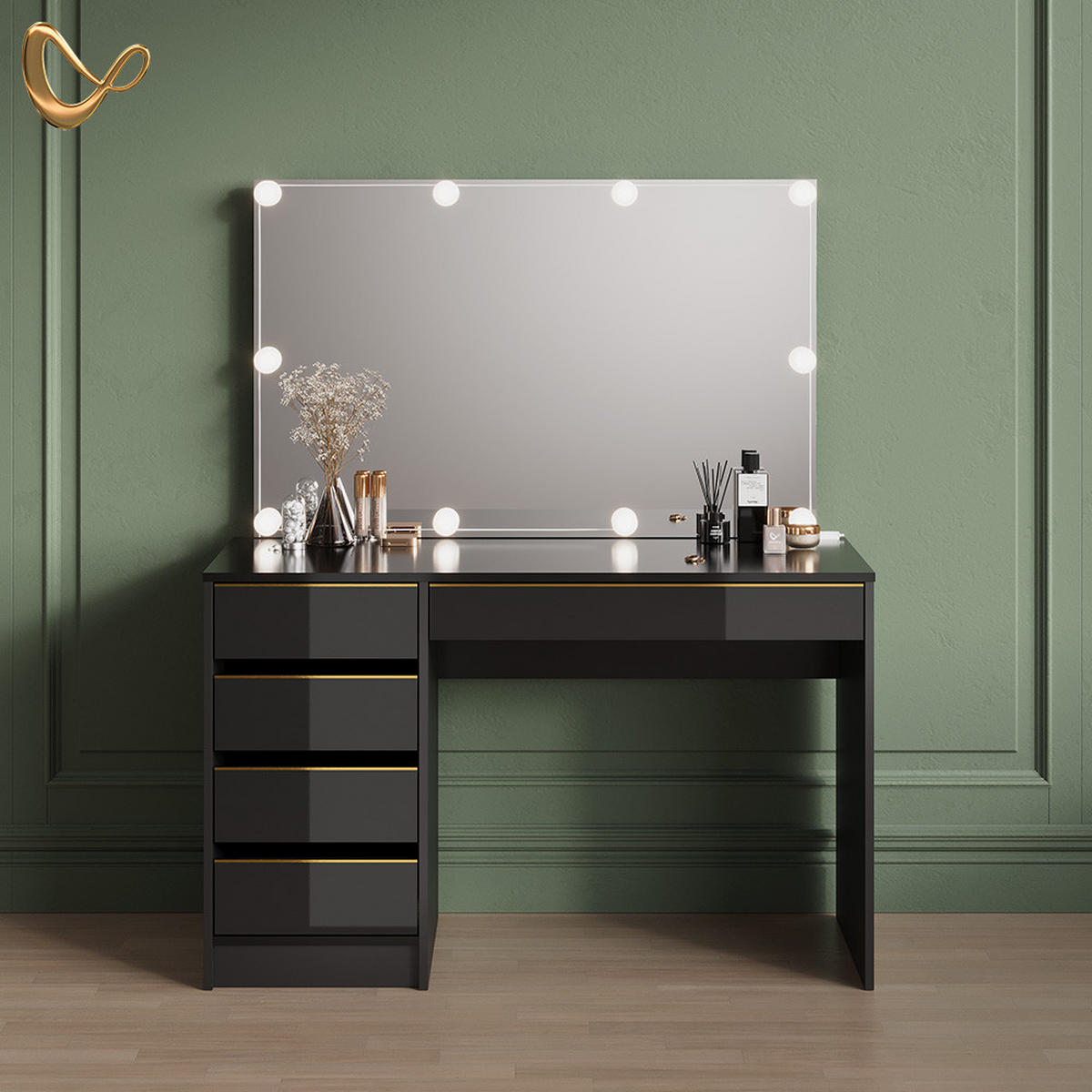 SCHMINKTISCH-SET Imola Schwarz/Gold 120 cm mit LED Beleuchtung - Goldfarben/Schwarz, Holzwerkstoff (120/75/55cm) - Livinity®