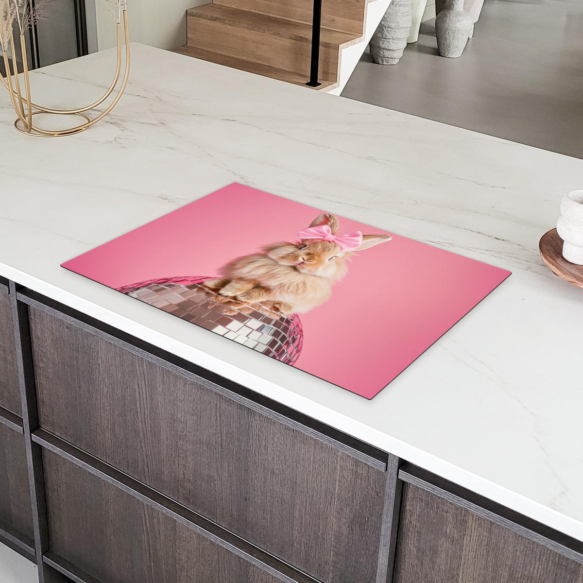 HERDABDECKPLATTE Schleife - Discoball - Kaninchen Ceranfeldabdeckung 80x52 cm - Pink, Kunststoff (80/52/0.2cm) - MuchoWow