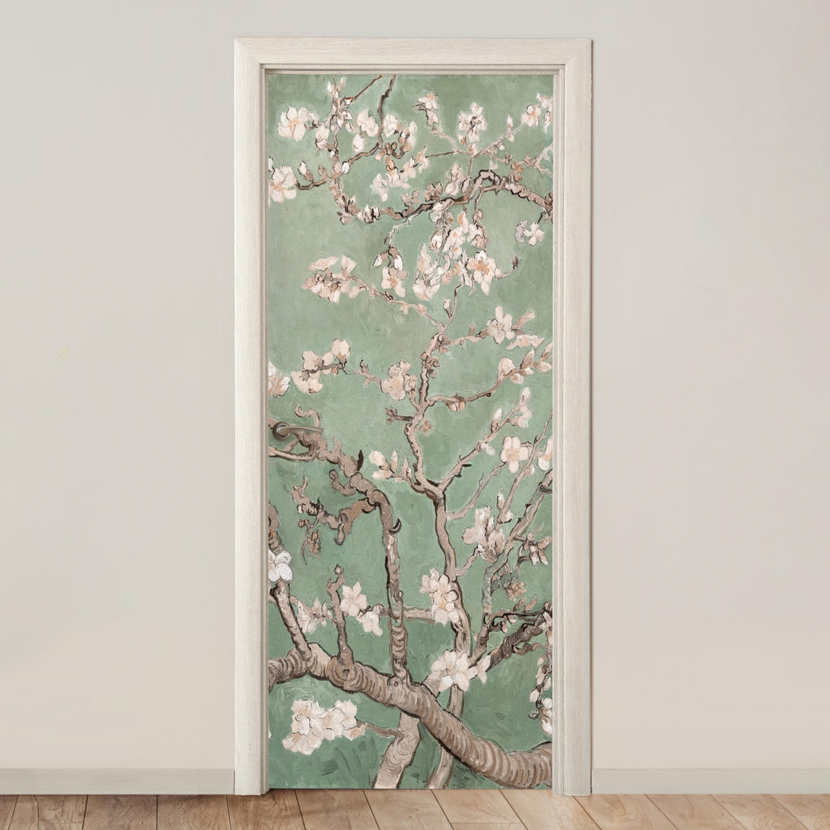 TÜRAUFKLEBER Mandelblüte - Kunst - Van Gogh - Grün 85x215 cm - Türtapete - Salbeigrün, Kunststoff (85/0.1cm) - MuchoWow