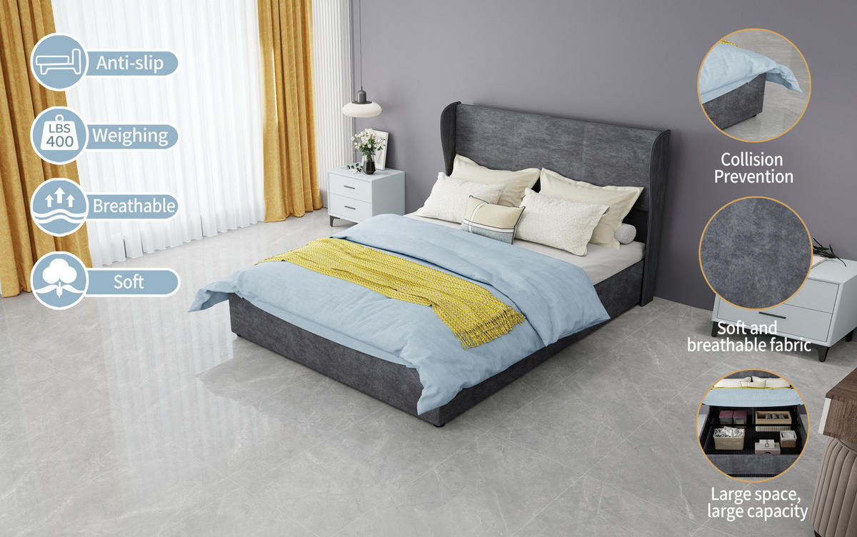 POLSTERBETT 140/200 cm mit Gaslift, modernem Design und stabilem Bettrahmen, Grau - Grau, Textil (140/200cm) - Redom