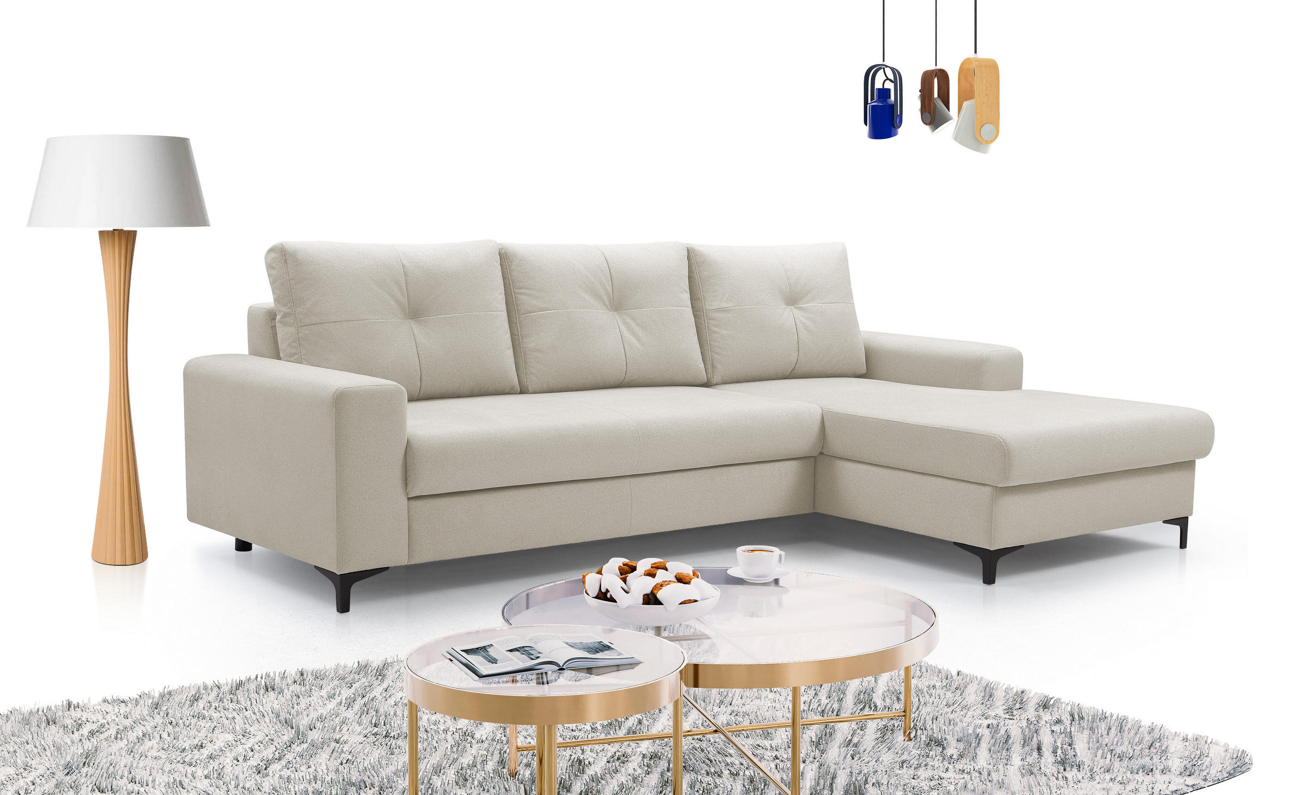 ECKSOFA AVRA L-förmig, mit Stauraumbehälter-in RINO-Stoff, Komfort & Eleganz, lose Rückenkissen, freistehend, RECHTS 251x165x85 cm Beige - Beige, Holz/Textil (251/165cm) - DomoHome