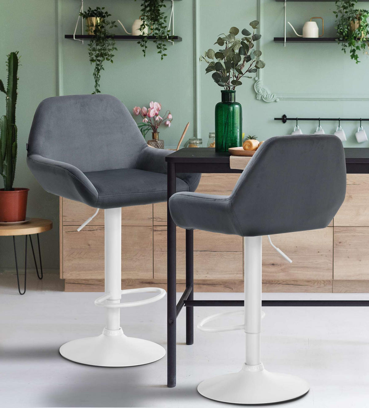 BARHOCKER DUBLIN Dunkelgrau Samt Weiß - Dunkelgrau, Textil/Metall (51/89/52cm) - DELUKE
