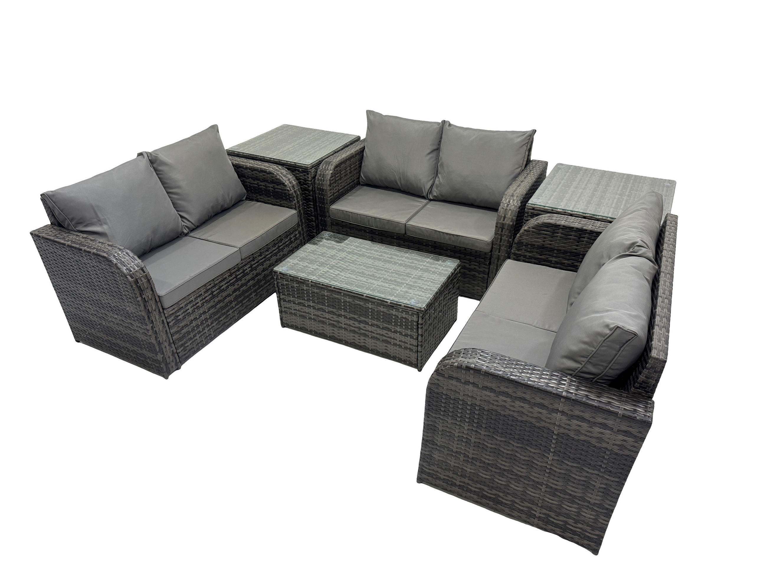 GARTENMÖBELGARNITUR mit KISSEN Polyrattan Dunkelgrau 6-Sitzer - Dunkelgrau/Grau, Glas/Kunststoff - Fimous