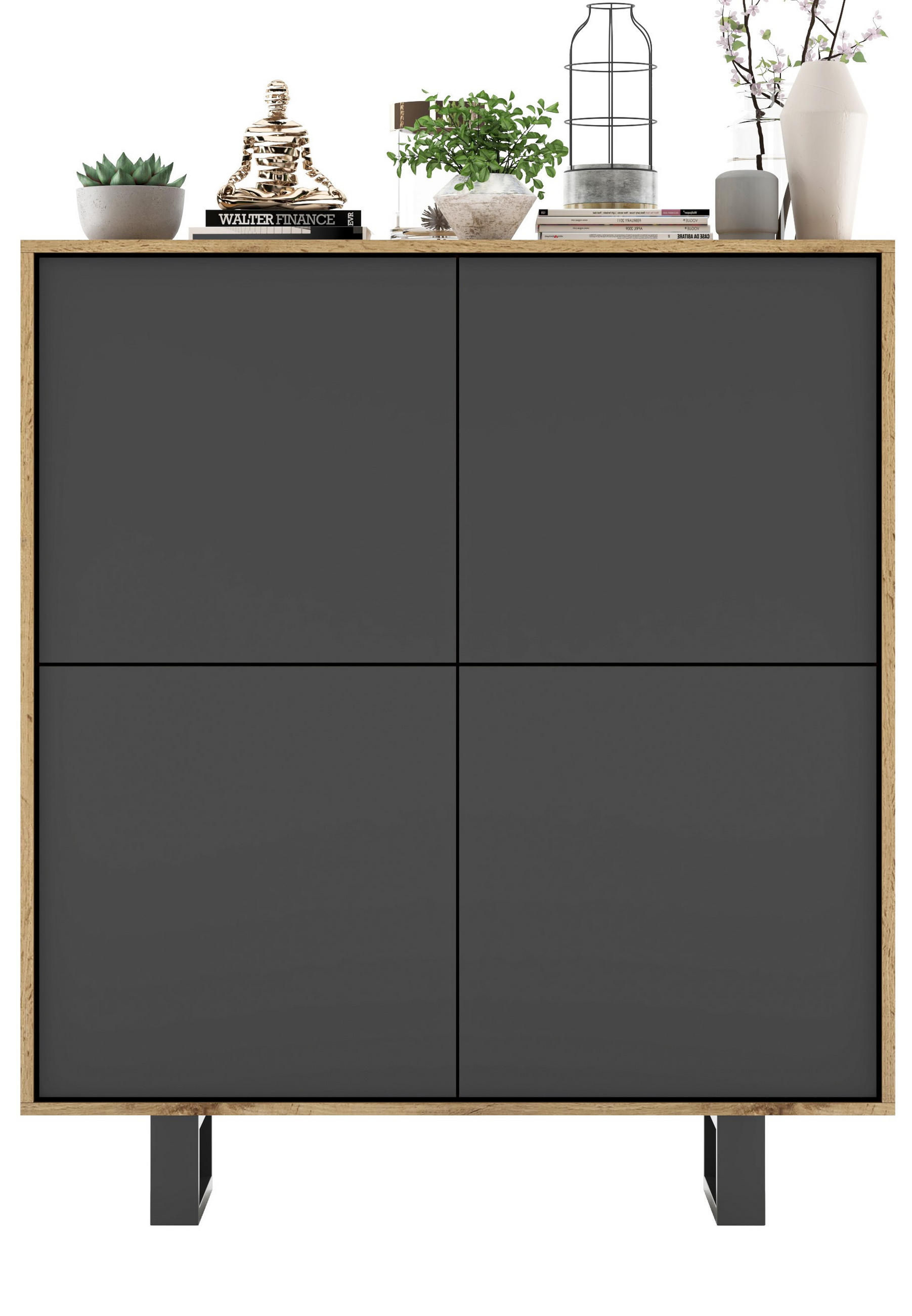 KOMMODE Apollo 4D Eiche wotan Graphit Matt 113/127/35 cm - Graphitfarben/Schwarz, Holzwerkstoff/Metall (113/127/35cm) - Meble Lindner
