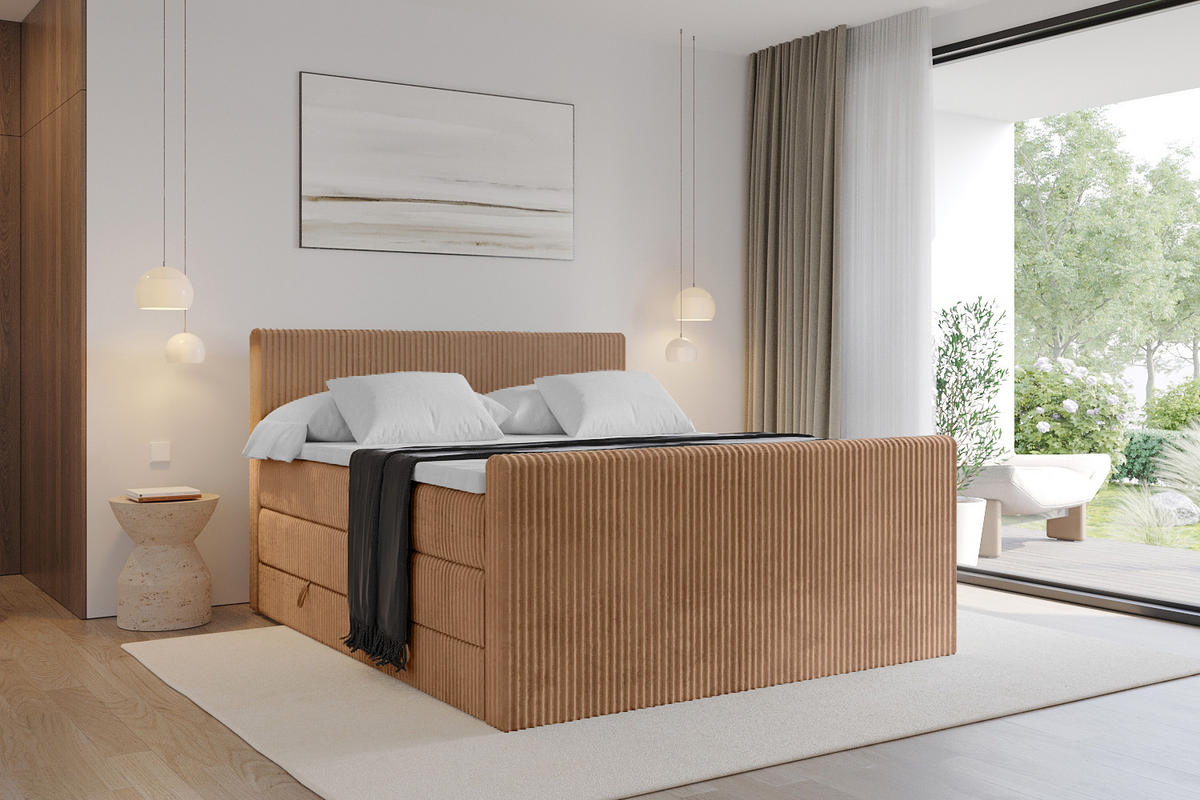 BOXSPRINGBETT mit Matratze H3|H4 und Lattenrost - TOLO-Z KING 200x200 Cord - Rotbraun - Rotbraun, Holzwerkstoff (200/200cm) - ALTDECOR