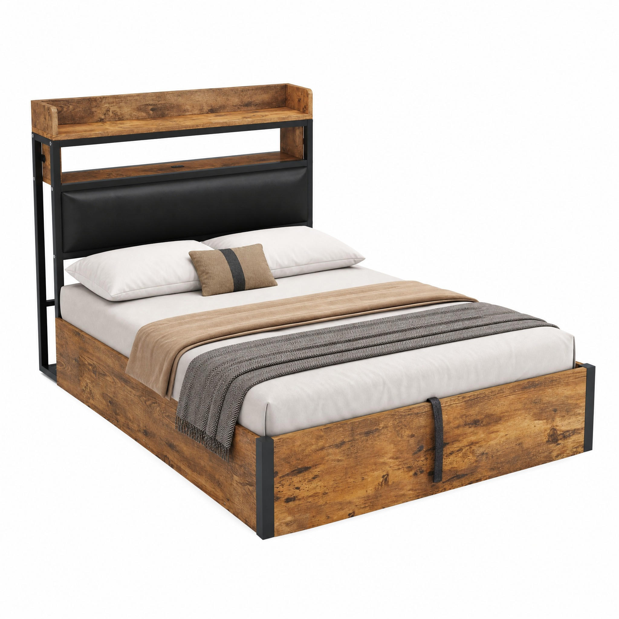 BETT mit Stauraum und USB 90x200 cm Schwarz Metall Holz - Schwarz, Metall (90/200cm) - Meubliv