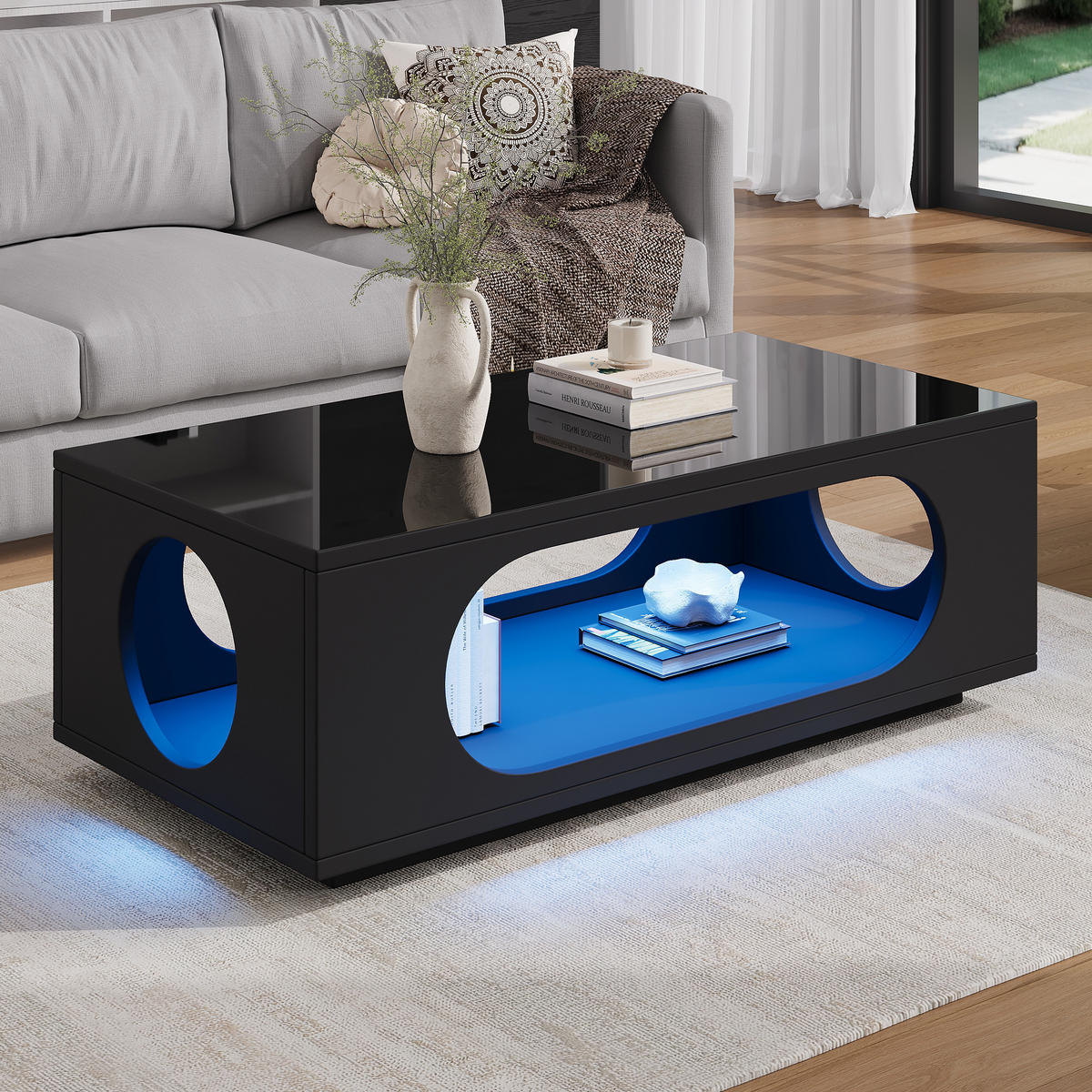 COUCHTISCH LED App-Steuerung Schwarz 100x50x35cm MDF 30kg Stauraum - Schwarz, Holzwerkstoff (100/50/35cm) - FLIEKS