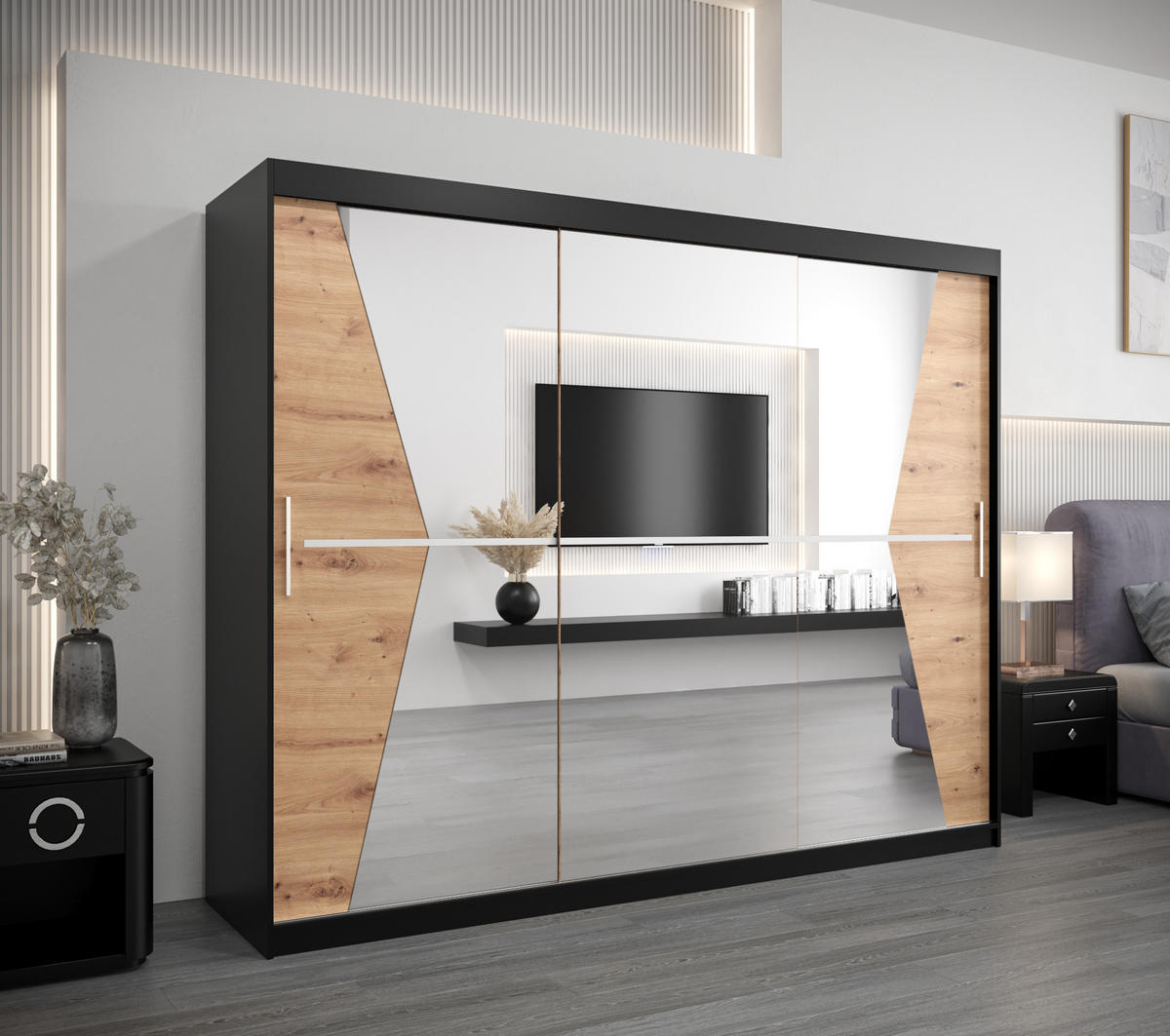 SCHWEBETÜRENSCHRANK 200/250/62 3-türig - Silberfarben/Schwarz, Holz/Kunststoff (250/200/62cm) - Abiks Möbel