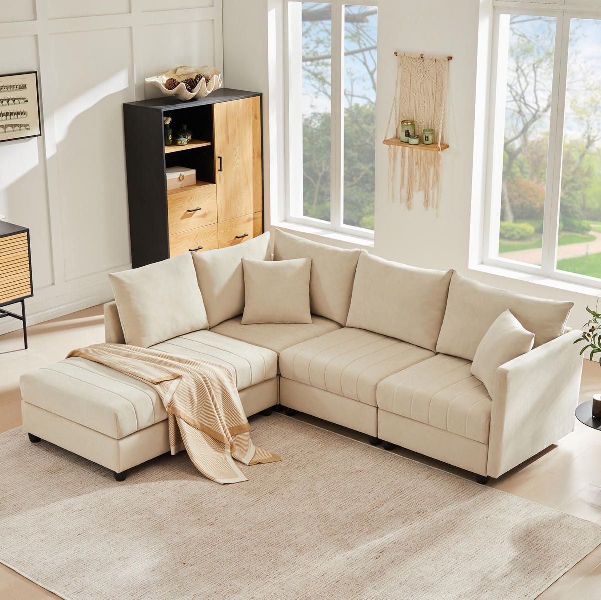 ECKSOFA 220/194/85 cm mit beweglichem Fußhocker, modularer U- und L-Form, aus Baumwoll-Leinenstoff, Beige - Beige, Textil (220/194cm) - Redom