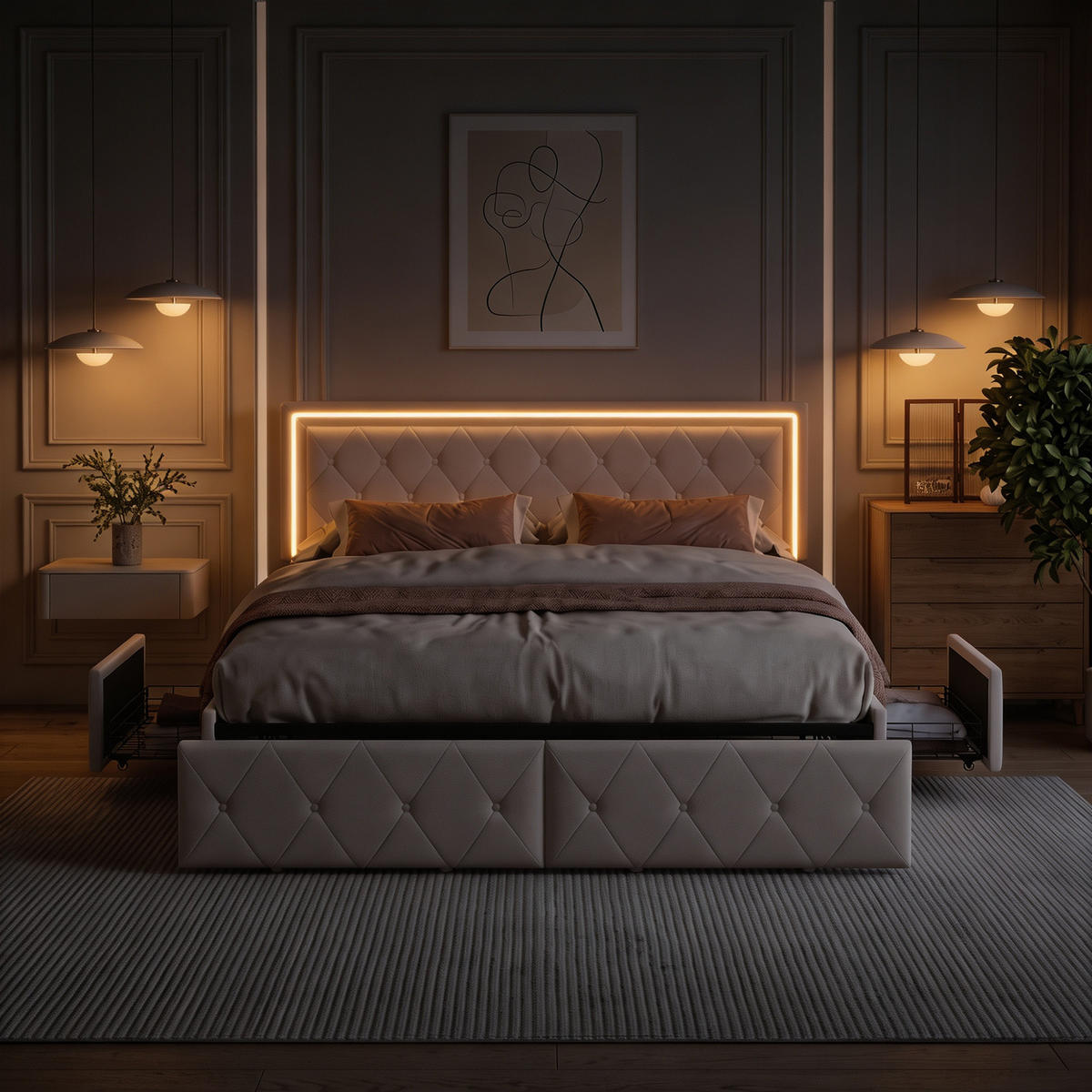 POLSTERBETT 140x200 mit RGB-LED, doppelbett mit 4 Schublade, Stauraum und Lattenrost, jugendbett 140x200 cm, PU, Ecru - Ecru, Leder/Holz (140/200cm) - GENKI LIVING