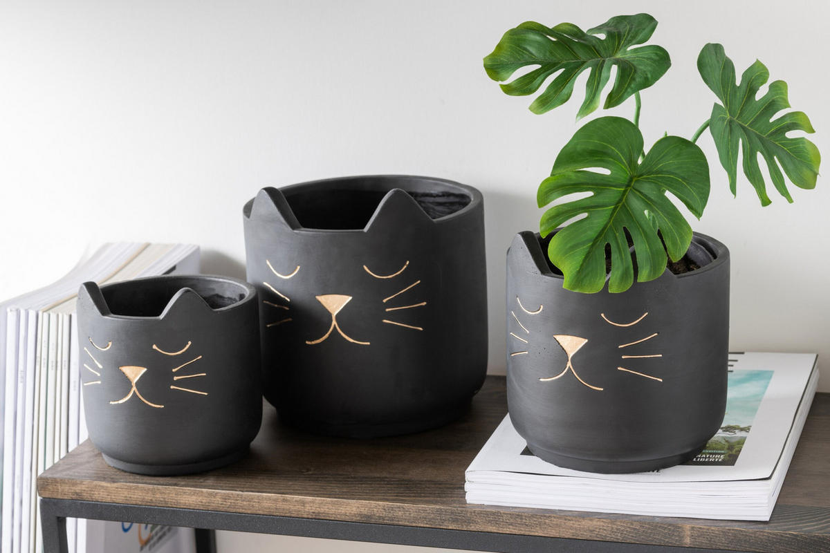 BLUMENTOPF KAT - Töpferei - Schwarz - M - Ø 16 cm - Schwarz, Keramik (16/17cm) - J-Line