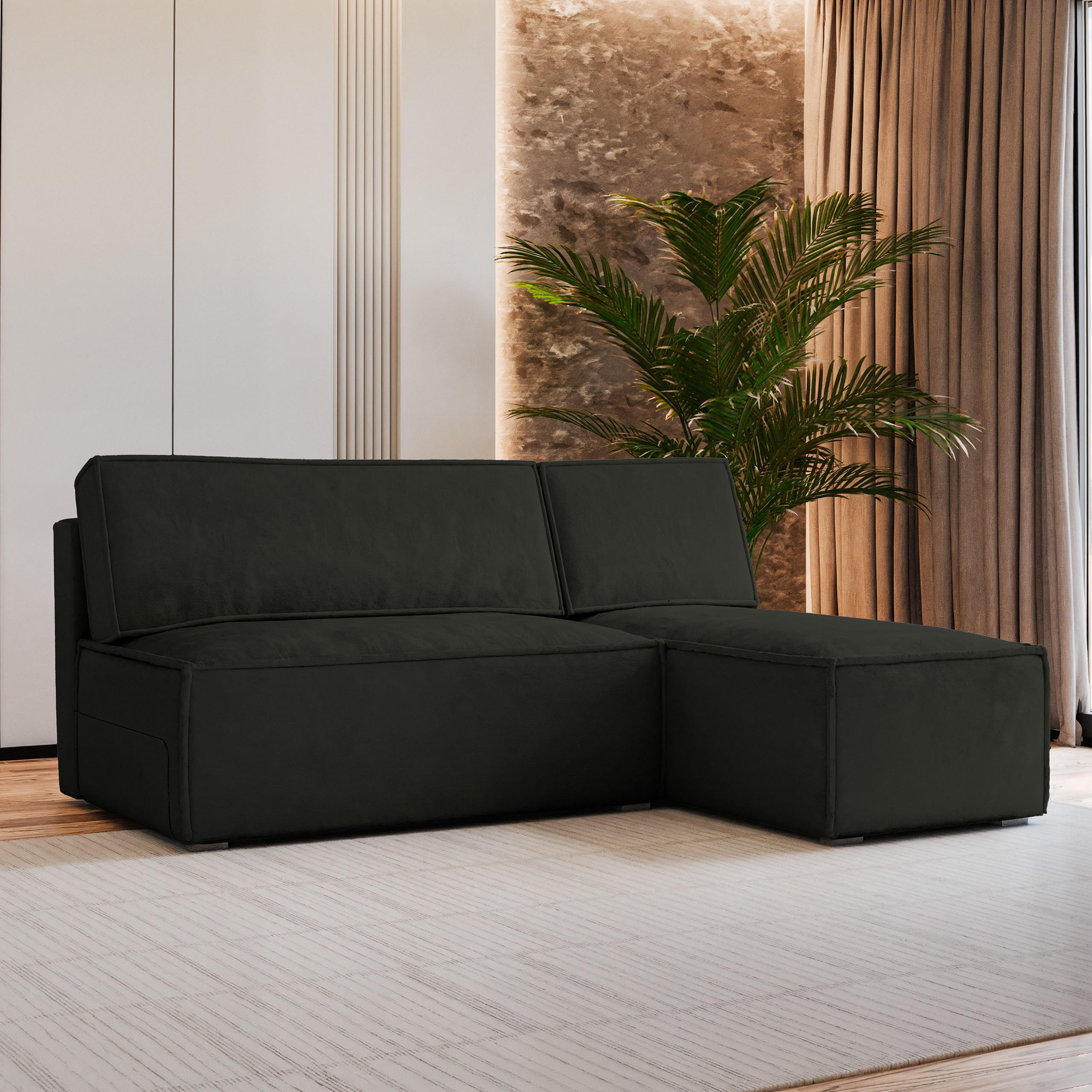ECKSOFA BRISO M Schwarz Velours-Stoff mit Schlaffunktion - Schwarz, Holz (200/140cm) - MASSENO