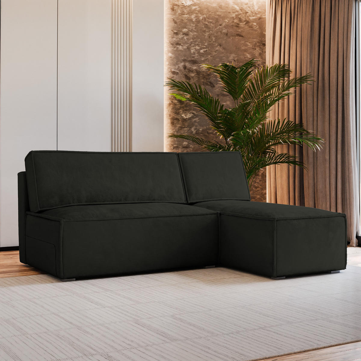 ECKSOFA BRISO M Schwarz Velours-Stoff mit Schlaffunktion - Schwarz, Holz (200/140cm) - MASSENO