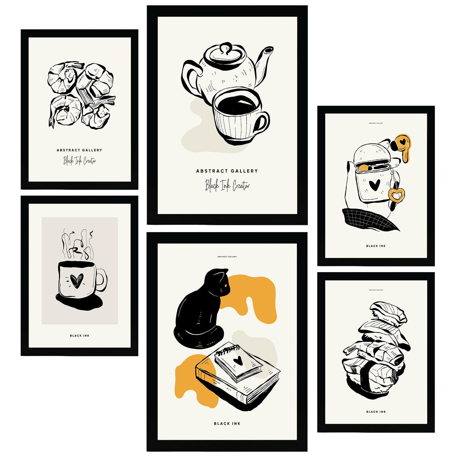 POSTER Set Mit 6 In Schwarzer Tinte Ruhetag Künstlerische Und Abstrakte Drucke Für Innenarchitektur A3 & A4 Schwarzer Rahmen - Schwarz, Papier (29/3cm) - Nacnic