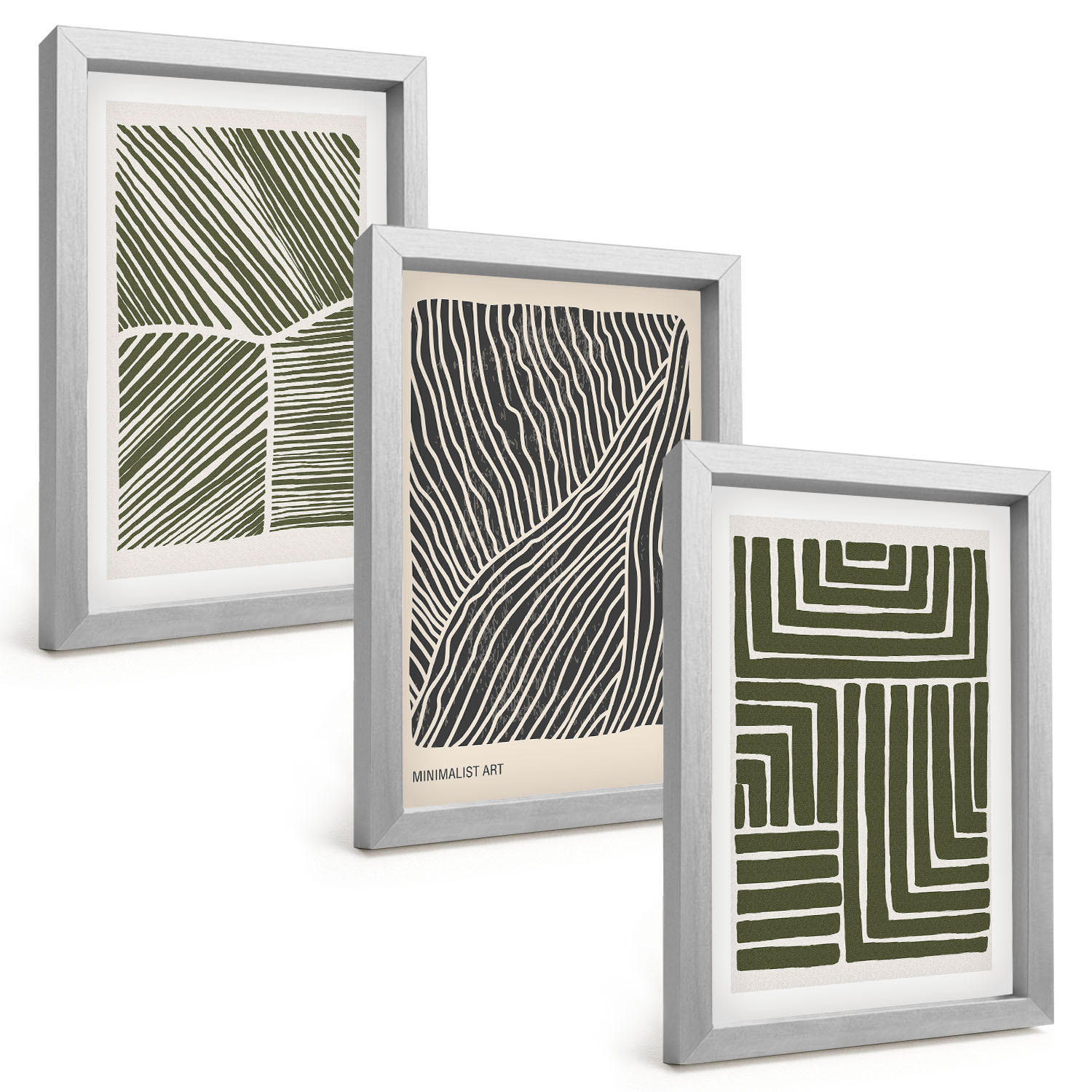 BILDER SET 3er Set - 20x30 cm Silberner Rahmen - Muster Linien Formen grün - Silberfarben, Kunststoff (20/30cm) - TULUP