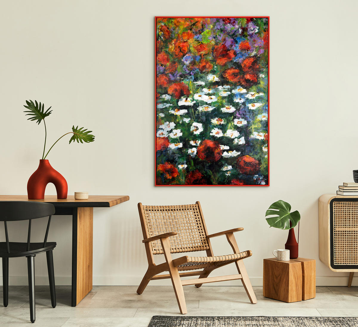 GEMÄLDE Blühende Weiten Schattenfugenrahmen Rot 120x80 cm - Rot, Holz (120/80cm) - YS-art gallery
