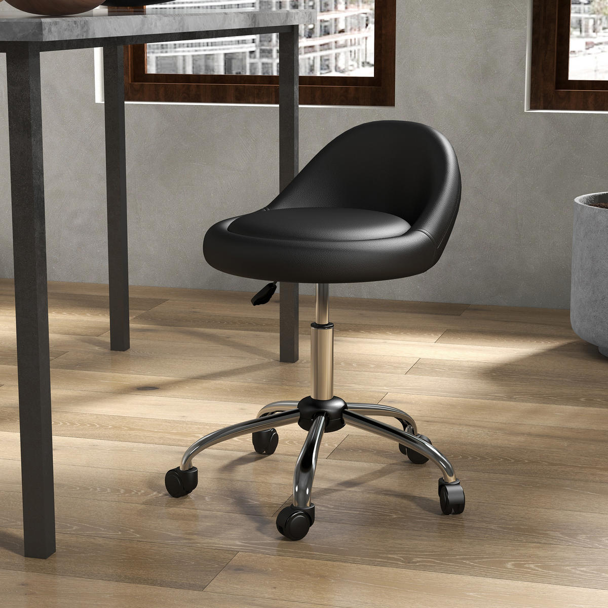 ROLLHOCKER Höhenverstellbarer Arbeitshocker 63-83 cm Drehhocker mit Rädern - Schwarz, Leder (35/83/35cm) - HOMCOM