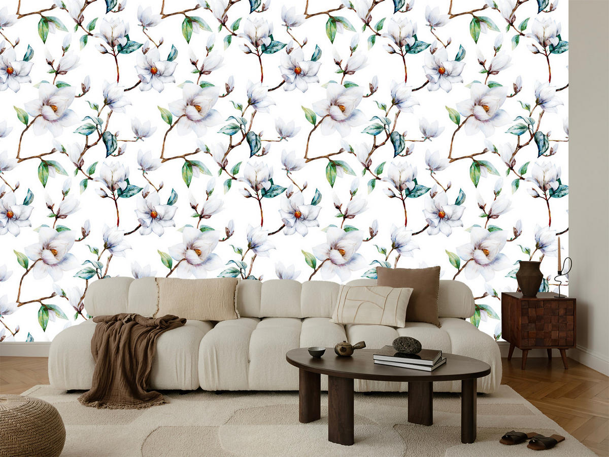 VLIESTAPETE Magnolienblüten – Weiß, Grün, Hellblau – 50x1000 cm - Weiß/Hellblau, Papier (50/1000cm) - Muralo