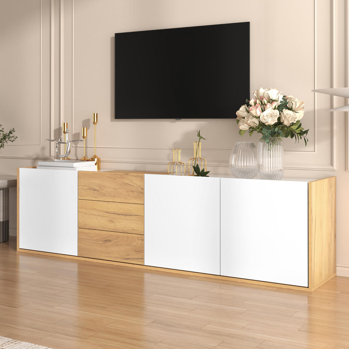 TV stolek z MDF 171,5x35x47 cm bílý v dekoru dřeva se 3 dvířky, 3 zásuvkami a možností montáže na stěnu - bílá, kompozitní dřevo (171.5/47/35cm) - Modfu