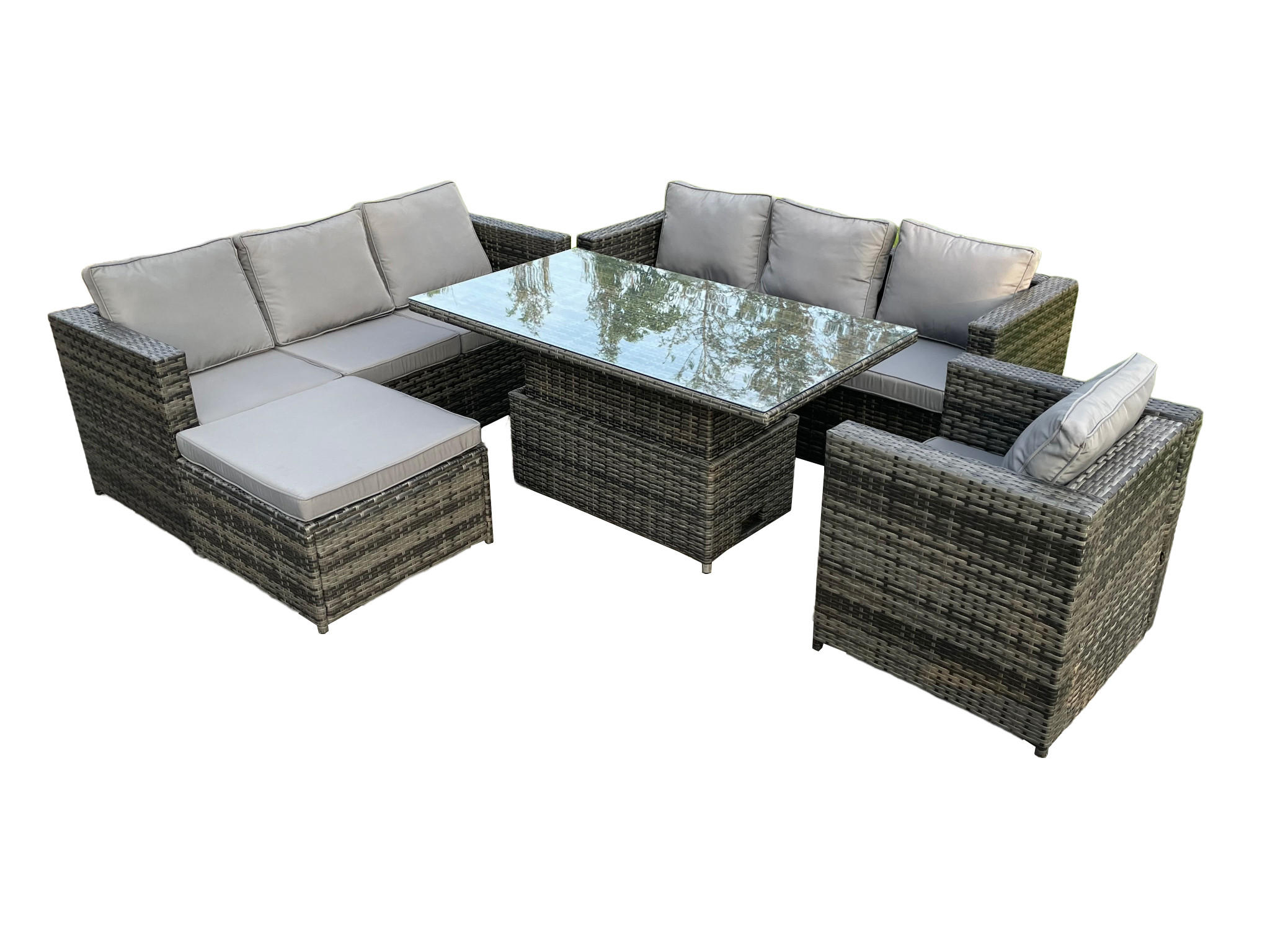 SITZGRUPPE Polyrattan 8-Sitzer - Dunkelgrau/Grau, Glas/Kunststoff - Fimous
