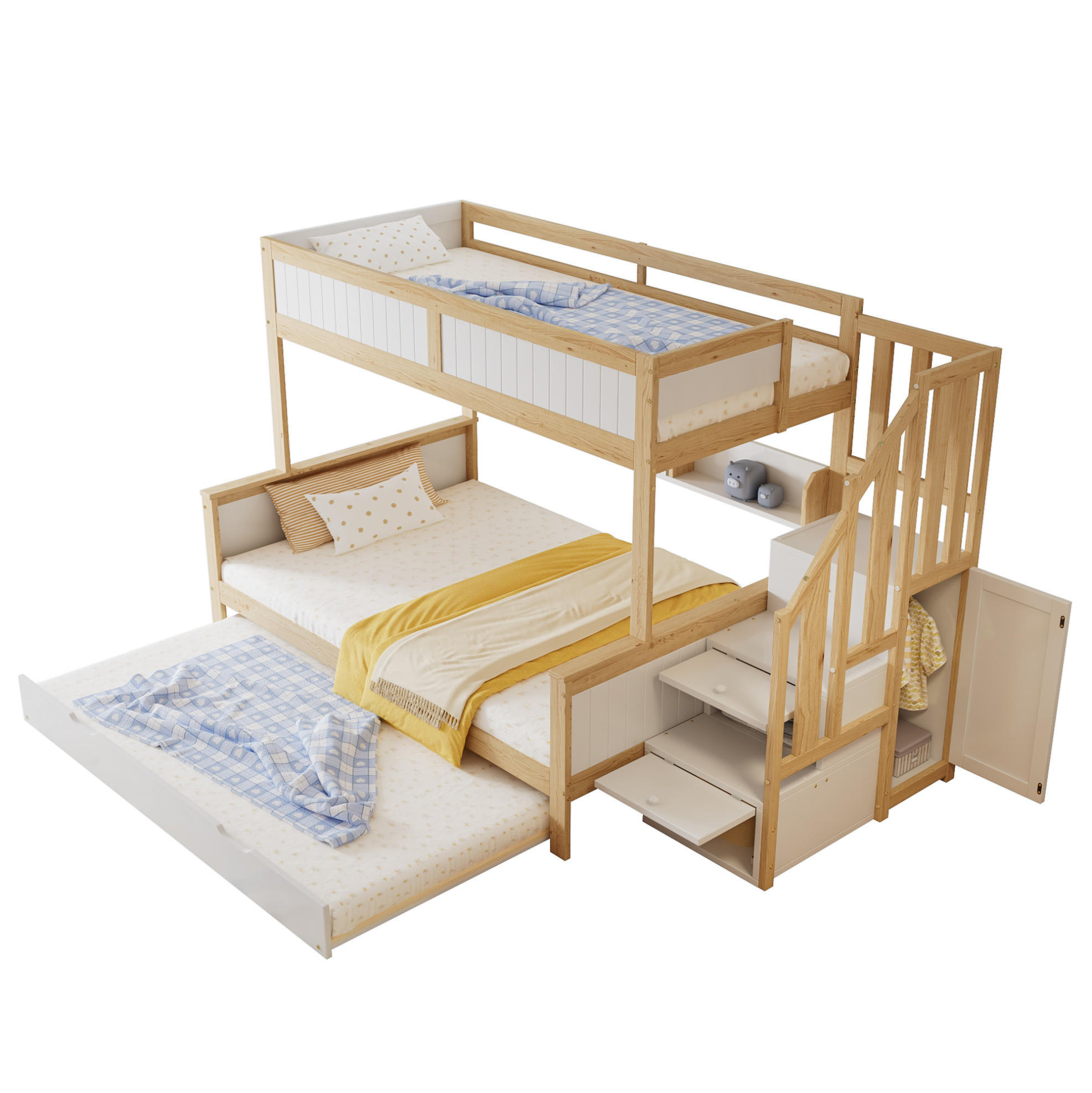 Modfu PATROVÁ postel z borovice a MDF 90x200 cm bílá/přírodní s výsuvným lůžkem, skříní a úložnými schody