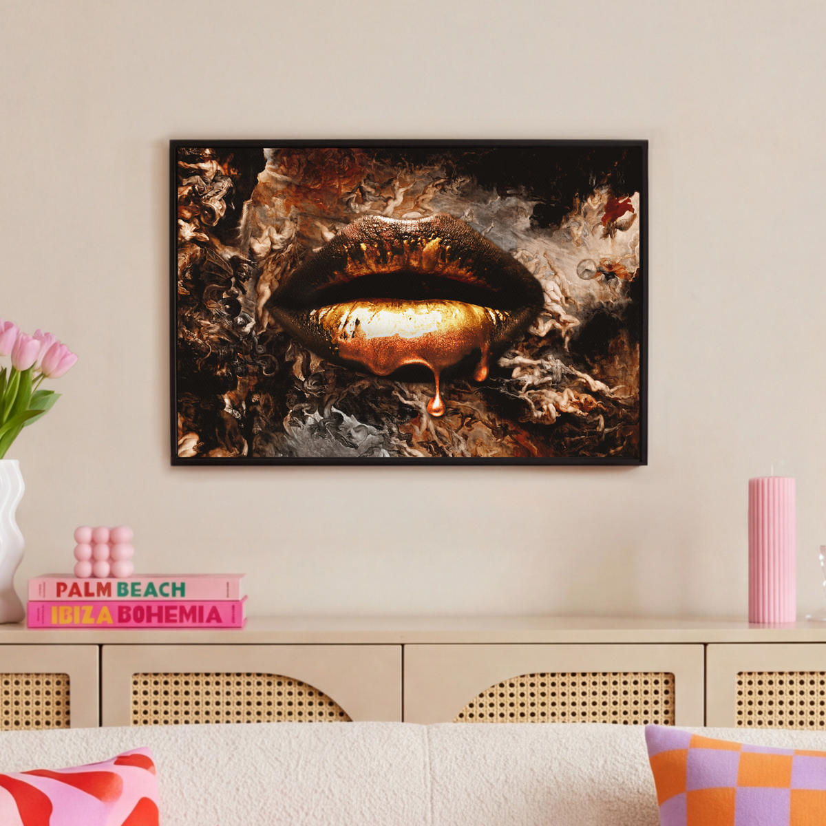 LEINWAND Bilder mit Rahmen - Gold - Lippen - Kunst - Gold - Luxus - Abstrakt - 60x40 - Kupferfarben, Textil (60/40cm) - MuchoWow